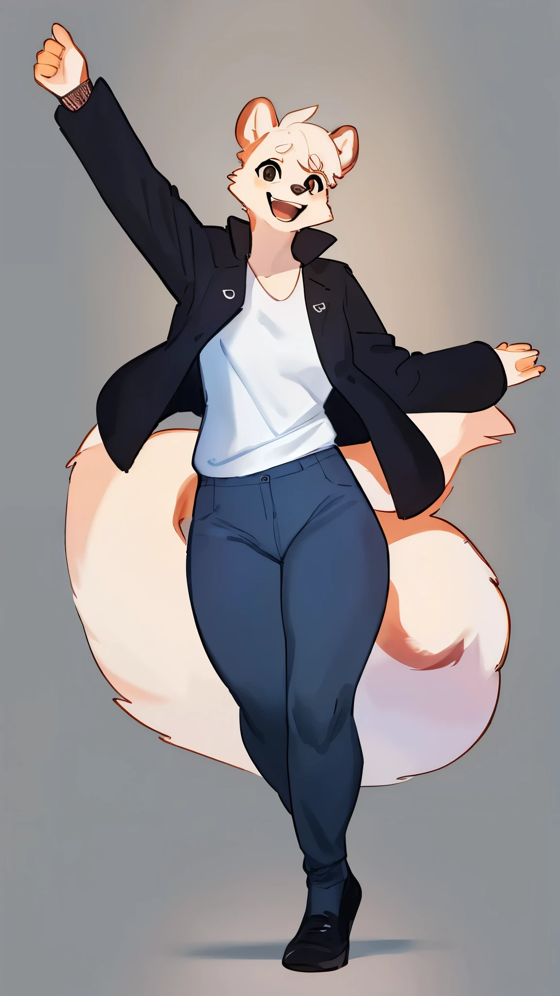 By bebebebebe, by lostgoose, by goonie-san, solo, female, skunk, happy, smiling, open mouth, excited, dancing, denim jacket, white shirt, black yoga pants, big tail
