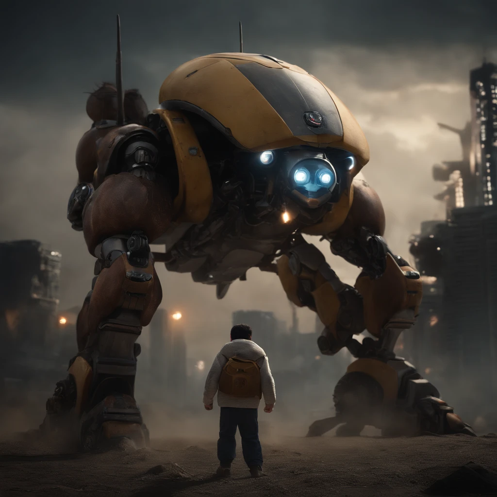 Imagine a photorealistic and dramatic scene where Shin Chan, transformed into a lifelike mecha suit, engages in an intense battle with an enormous and highly detailed cockroach. The setting dark and ominous, with dramatic lighting that highlights the mecha's intricate features and the terrifying scale of the cockroach. The heightened realism and dramatic atmosphere make this unlikely confrontation feel both captivating and intense