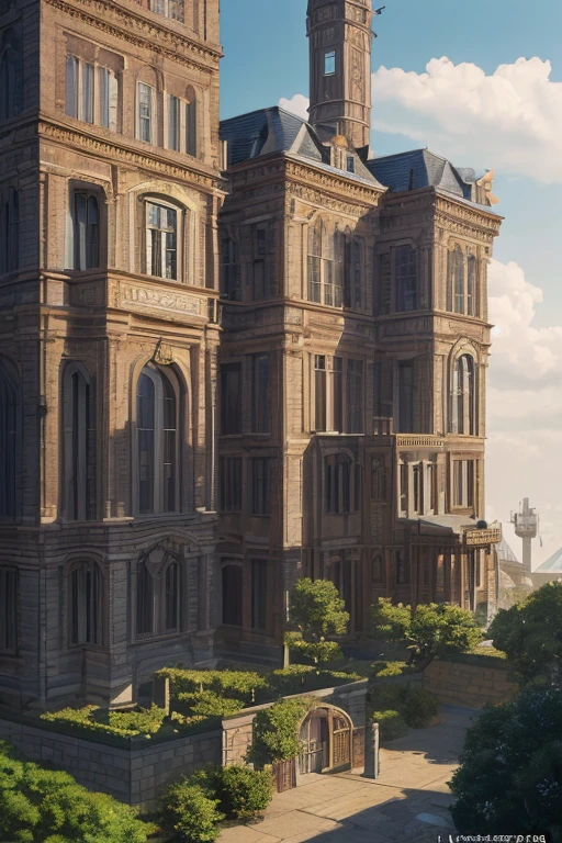 (best quality,4k,8k,highres,masterpiece:1.2),ultra-detailed,(realistic,photorealistic,photo-realistic:1.37), architecture, clock tower, fence, grand mansion, detailed headquarters, anime style, insane asylum anime style, enormous mansion, 2012 anime screenshot, gothic mansion, 8th century estate, anime scenery, steam punk skyscraper, in their noble abode, luxurious house, insane asylum anime studio
