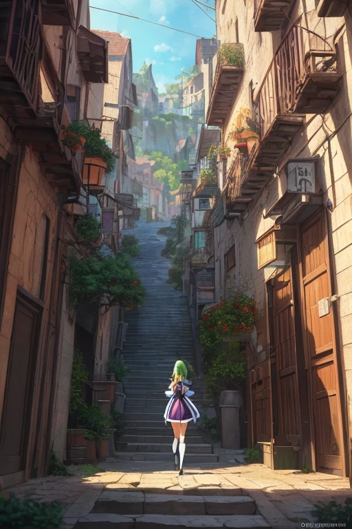 (a girl in a garden,illustration,green door,green alley,cartoon-like scenery,animated movie screenshot,bustling magical town,town in the background,town as a backdrop,anime background art,city center backdrop,beautiful anime scenery,anime landscape concept art,anime background,TV anime still,from an anime series,background art,konosuba anime style) (best quality,4k,8k,highres,masterpiece:1.2),ultra-detailed,(realistic,photorealistic,photo-realistic:1.37),HDR,UHD,studio lighting,ultra-fine painting,sharp focus,physically-based rendering,extreme detail description,professional,vivid colors,bokeh,portraits,landscape,horror,anime,sci-fi,photography,concept artists,colorful tone,warm lighting