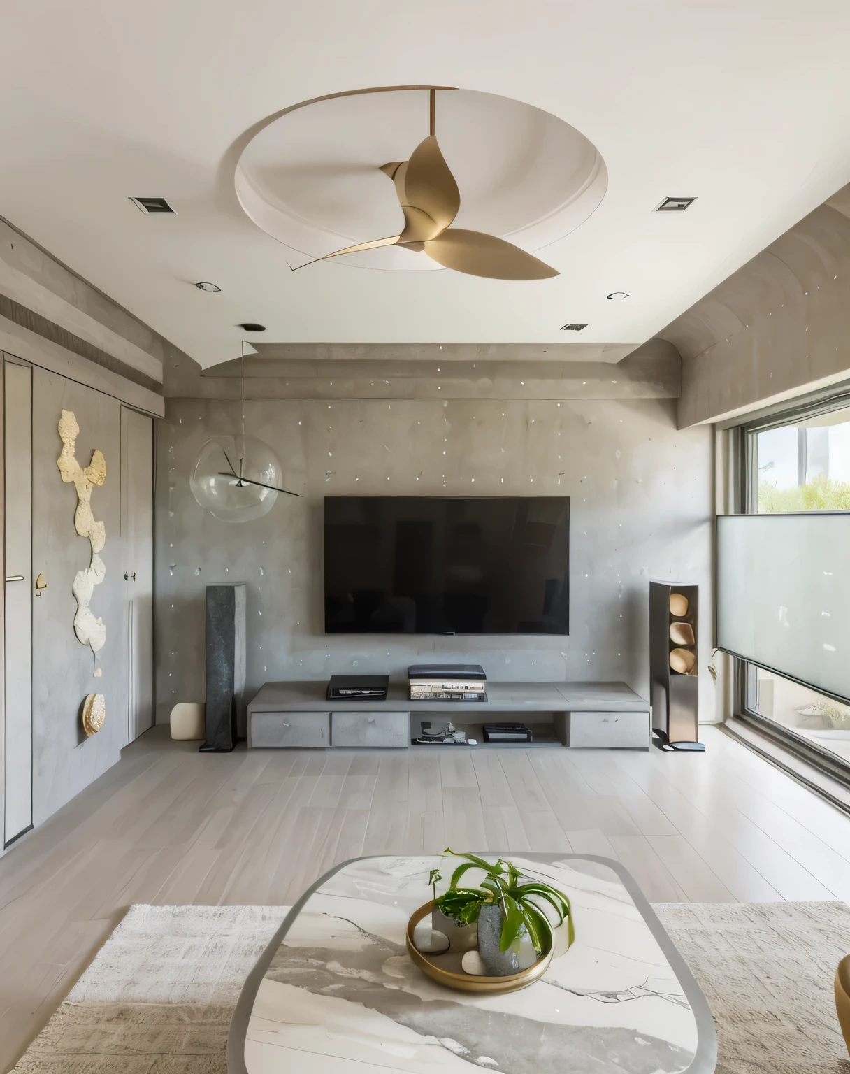 Living Room: The Wabi Sabi style often focuses on simplicity, minimalism, and reverence for natural beauty. In the living room, you can use shades such as grey, concrete, or natural tones to create a sense of sophistication, simplicity, and closeness to nature. Wall panels or decorations made from materials like concrete tiles or materials with a grey appearance will create focal points in the space. Utilize marble for coffee tables, bookshelves, or wall decorations in the living room to add a special touch and a luxurious feel. Marble, with its natural beauty and artistic veins, will bring attraction and sophistication to the space. Leverage natural light by incorporating large windows, glass doors, or expanding space to create a feeling of openness and airiness. Natural light enhances the natural and simple aspects of the Wabi Sabi style. Kitchen: In the kitchen area, continue using grey, concrete, or natural tones to maintain consistency with the overall style of the apartment. Use materials such as marble or concrete countertops to add focal points to the kitchen space and enhance aesthetic appeal. Introduce indoor plants like grasses or hanging vines to create lively focal points and freshen up the kitchen space. Indoor plants not only enliven the space but also help to balance and purify the air. In summary, combining the Wabi Sabi style with marble, grey or concrete tones, natural light, and indoor plants will create a cozy, nature-inspired, and sophisticated apartment.
