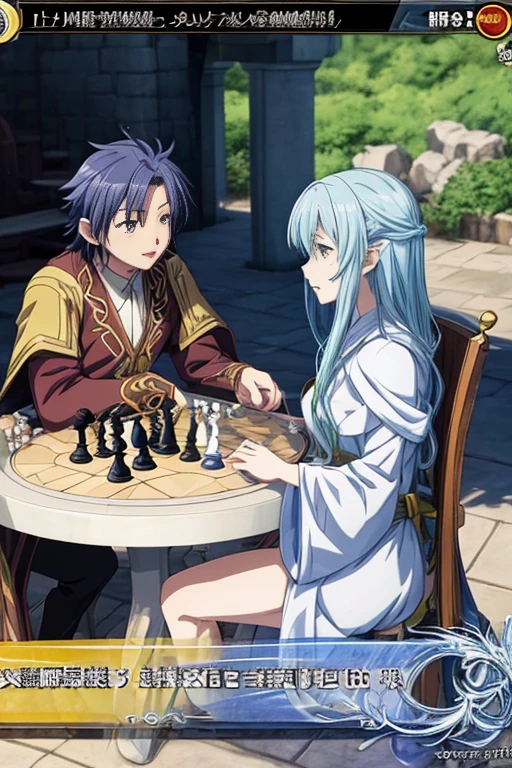 Two people are sitting at a table in the courtyard, leaflet, leaflet anime style, role play scenario, War of Demons, Rune Factory 5 art style, Rimuru plays chess, Figures in robes sit around a table, video game screenshots>, screenshot from the anime film, However, Animation movie screenshots, High resolution scan