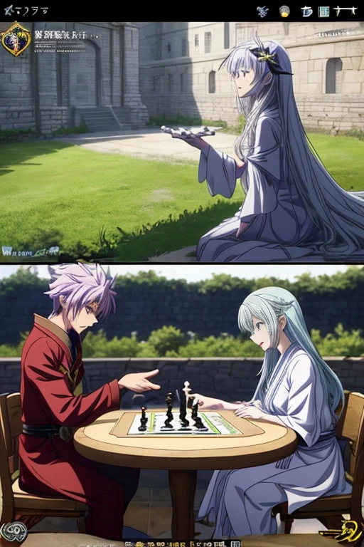 Two people are sitting at a table in the courtyard, leaflet, leaflet anime style, role play scenario, War of Demons, Rune Factory 5 art style, Rimuru plays chess, Figures in robes sit around a table, video game screenshots>, screenshot from the anime film, However, Animation movie screenshots, High resolution scan