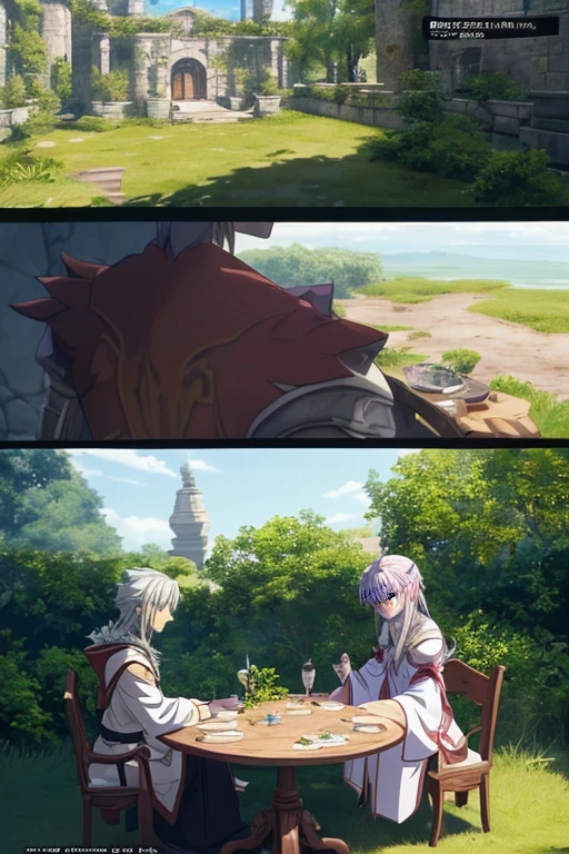 (a scene with a table in the yard, two people sitting next to it, small leaves, small leaves in anime style, a scenario, a battle in the magical world, the art style of Rune Factory 5, characters in robes sitting around a table, a screenshot from a video game, a screenshot from an animated movie, also, a screenshot from an anime movie, high-resolution scan)
