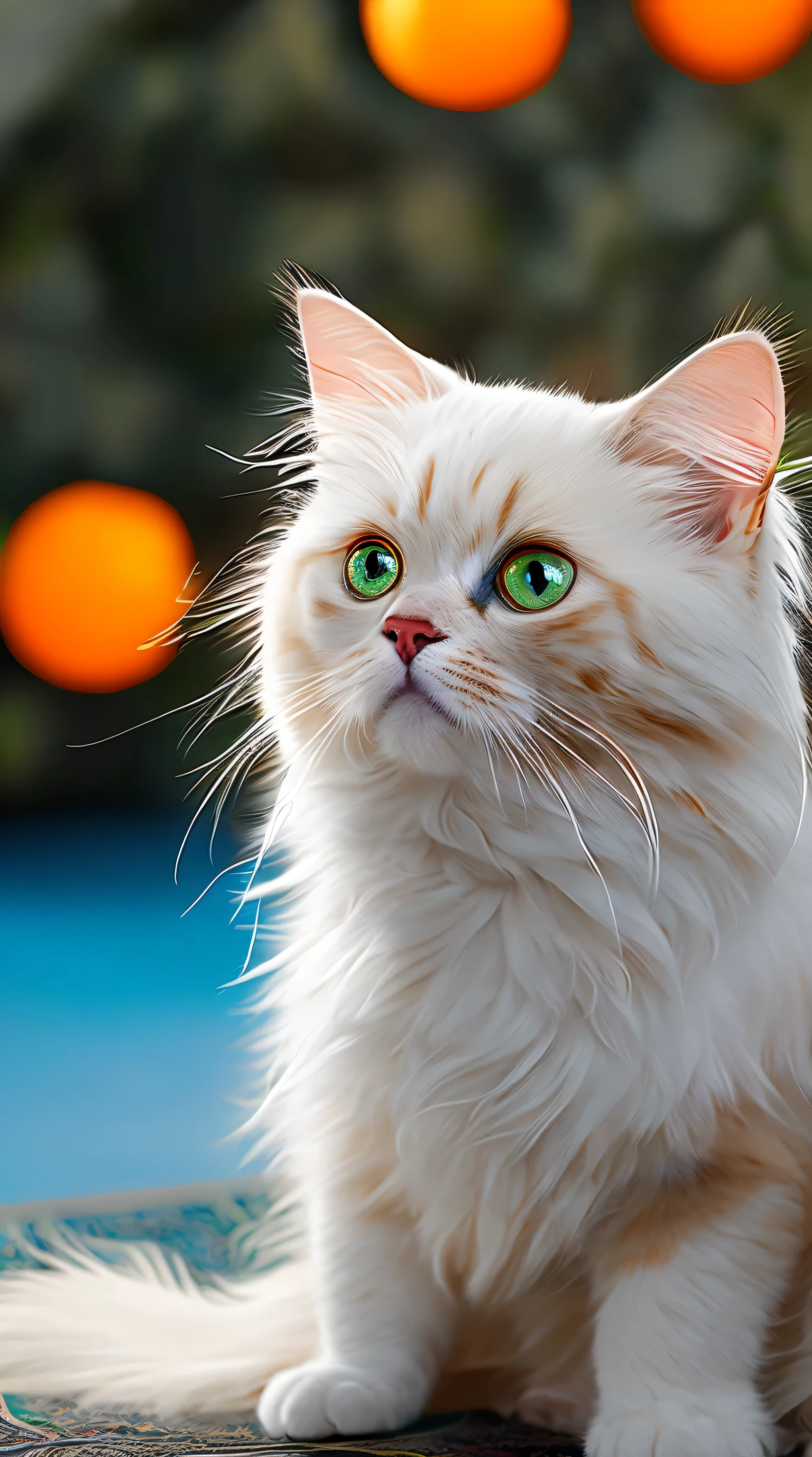 (Extremely detailed CG 8k wallpaper, masterpiece, best quality, super detailed, high resolution), (best lighting, best shadow, extremely delicate and beautiful), dynamic angle, floating, high saturation,

[Persian Cat Photos, Detailed and beautiful blue eyes, white fur，There are orange spots, cat ears, Flared collar, (playful: 1.3), cute expression, long, Fluffy beard, Cute paws, (Toy: 1.2) , looking at the audience, long shot]: 0.9