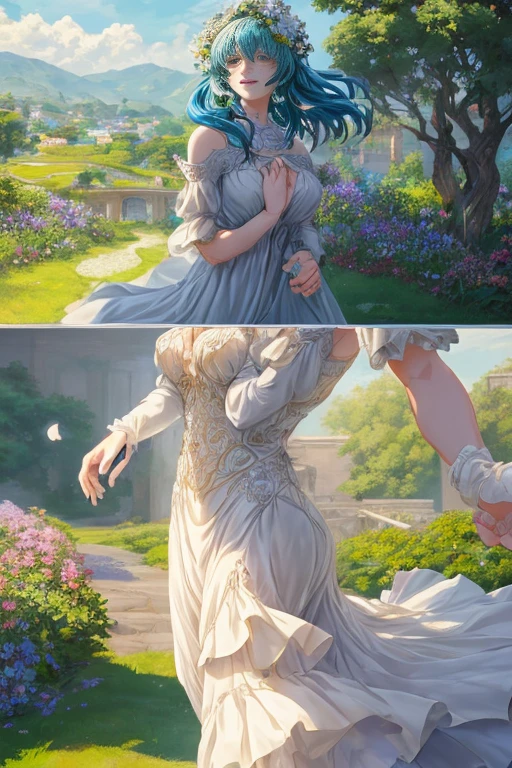 (bright colored, vibrant) characters walking in a (lush, picturesque) field, accompanied by a (gentle, warm) breeze. The (charming, anime-inspired) scene captures the essence of a (romantic, whimsical) moment between a man and a woman. The (hand-drawn, illustrated) characters are beautifully detailed, with (expressive, sparkling) eyes and (soft, full) lips that radiate emotion. The (exquisite, intricate) details in their appearance, such as their (trendy, fashionable) outfits and (relaxed, gentle) postures, enhance the overall charm of the scene. The (detailed, picturesque) background showcases rolling hills, blossoming flowers, and a clear blue sky, creating a serene atmosphere. The (expertly shaded, vibrant) colors add depth and liveliness to the artwork, while the (soft, diffused) lighting casts a warm glow on the characters and their surroundings. This masterpiece evokes a sense of joy and tranquility, it a perfect representation of a beautiful anime scene.
