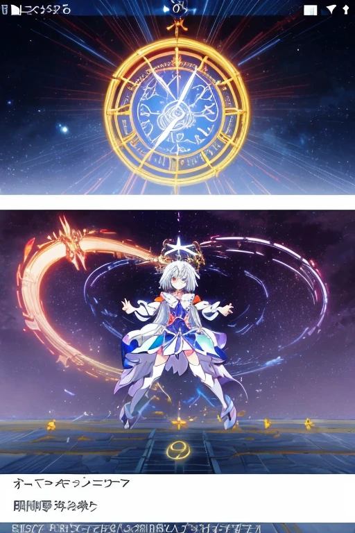 there  a blue circle there，There  a clock on it, Summon the Dharma Array, Holographic runes, magical girl anime magical girl, grand order of destiny, luminous scene, screenshot from the anime film, Ethereal animation, Screenshot of the 2012 animation, Animation movie screenshots, Today’s recommended anime  still, role play scenario, cutscene clip