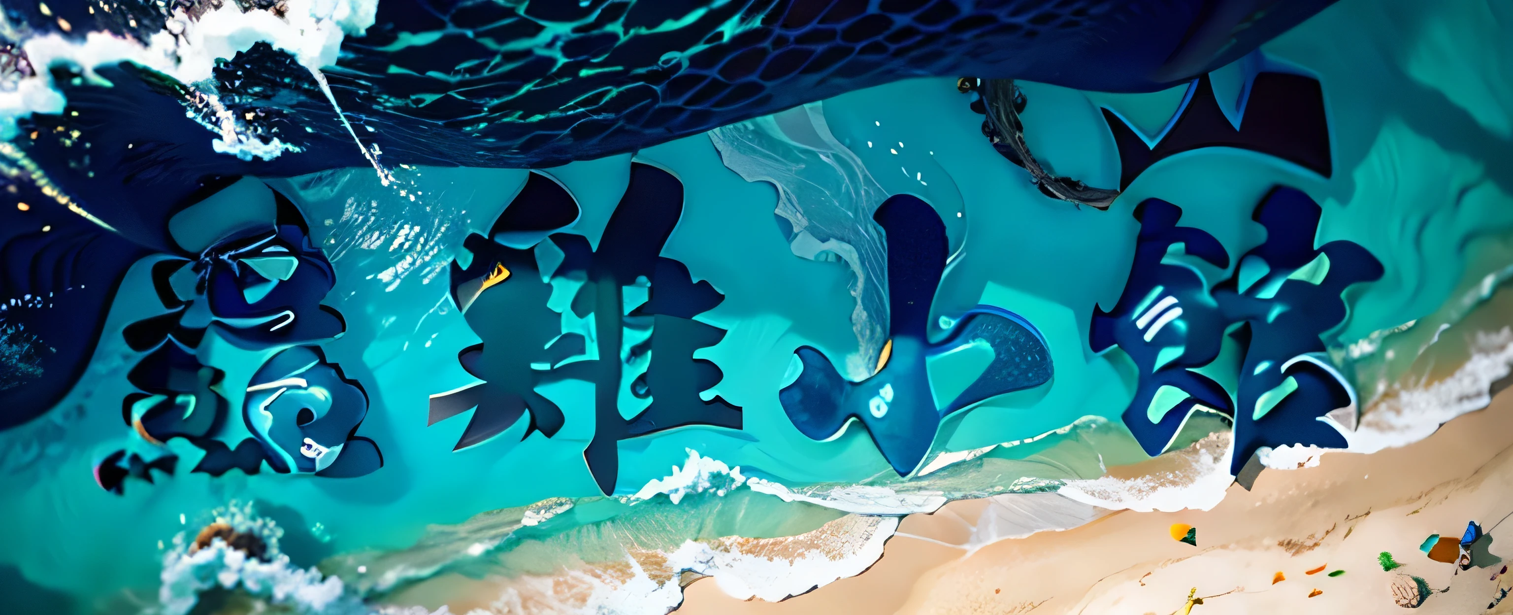 top down view, Rich marine elements, White background, fish, waves, Rendered in C4D, and fashion photography.