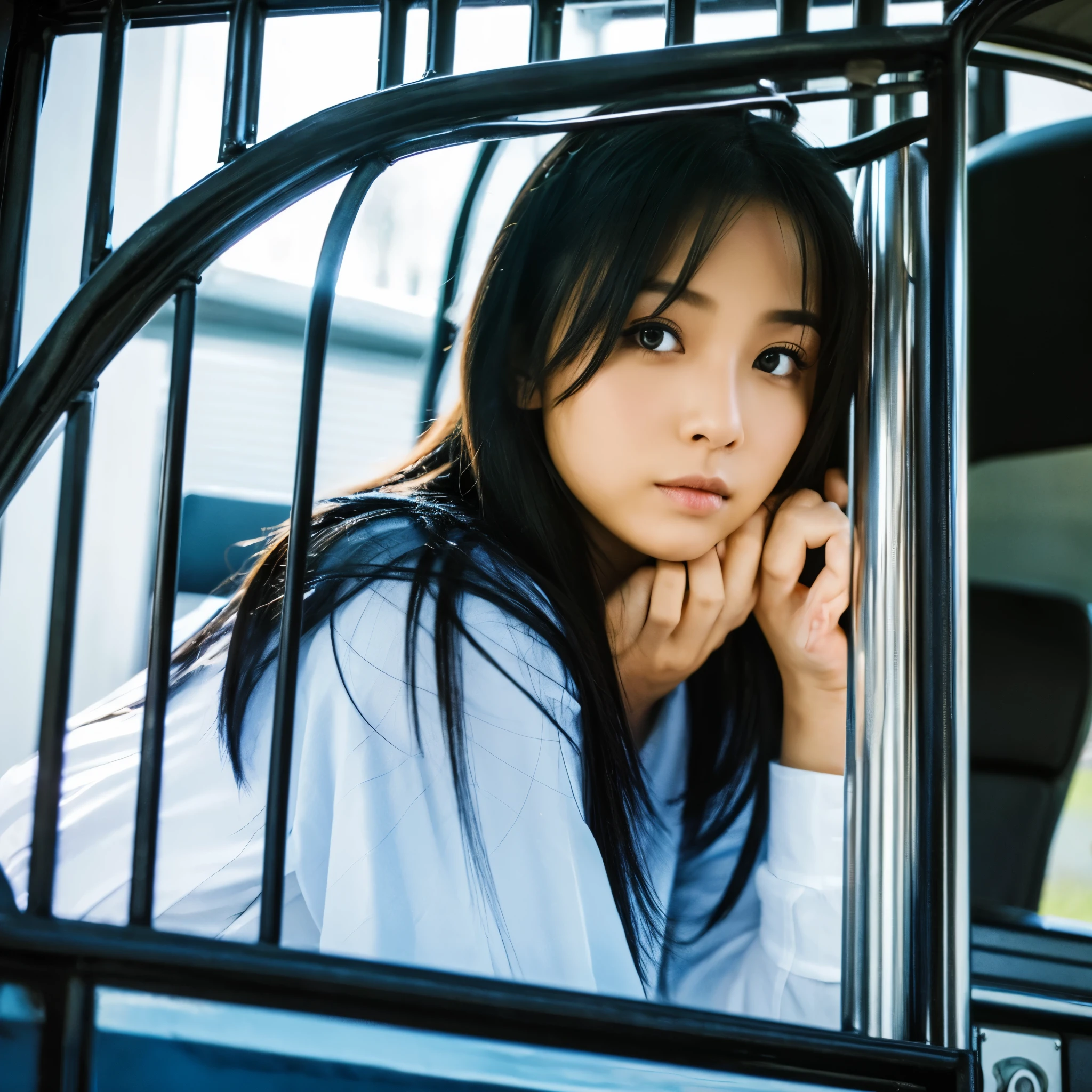 Beautiful girl sitting behind bars in a police car