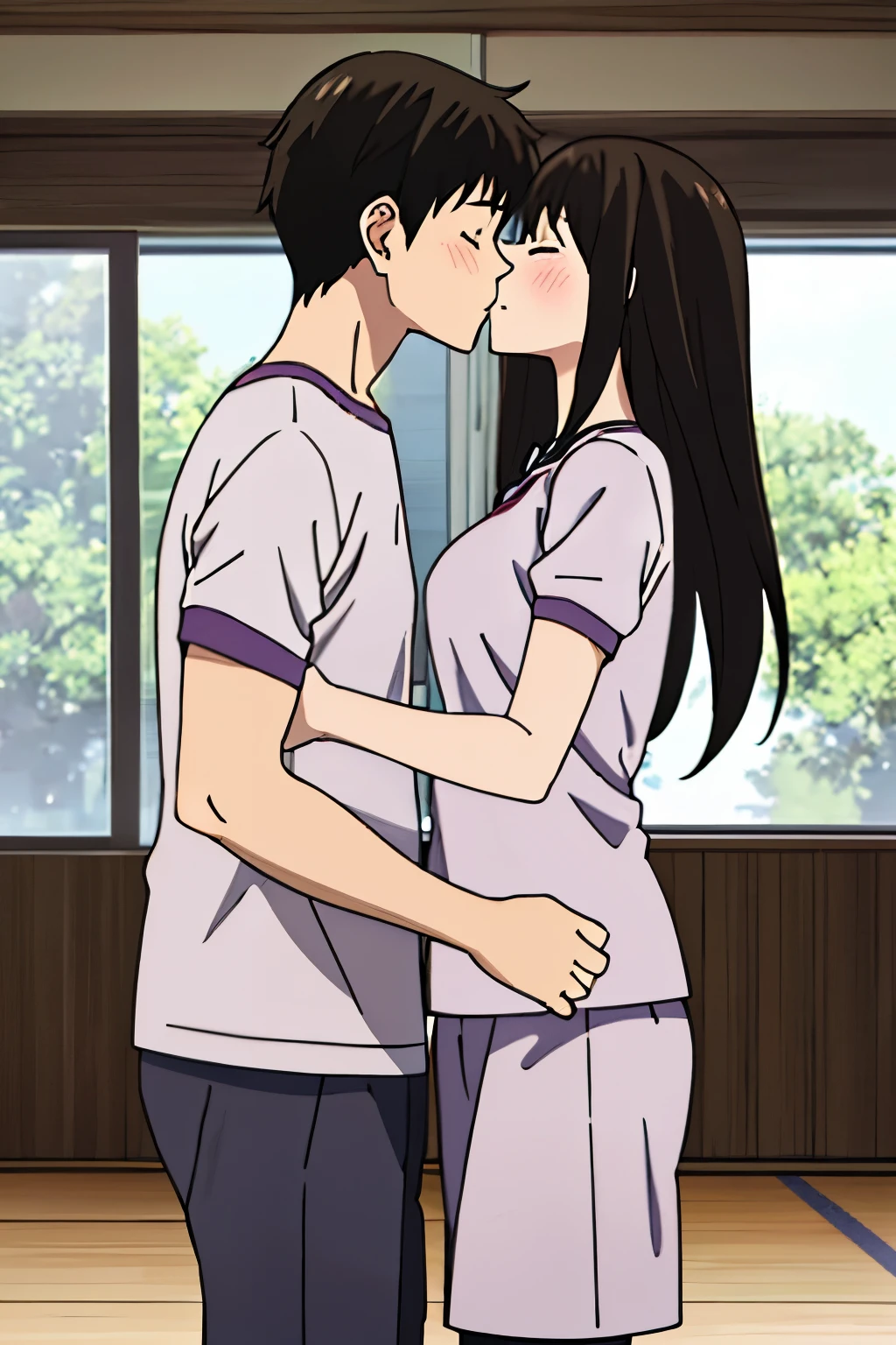 1boy, buzzcut, 1girl, bangs, black hair, blush, medium breast, gym short sleeve white shirt, gym shorts, face to face, boy hold girl shoulder ,cute, couple, adorable, forced kiss, boy closed eye, girl open eyes