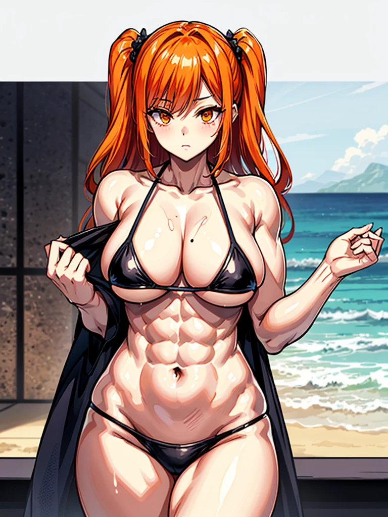(((masterpiece、Highest image quality、highest quality、highly detailed unity 8kwallpaper)))、((Illustration of one girl))、(((beautiful girl)))、((orange hair、one side up:1.4、sidelocks:1.6、orange eyes))、(((stocky build:1.5, thickset physique:1.6, muscular legs, broad shoulders:1.6, solid chest:1.5)))、swimsuit、sandy beach