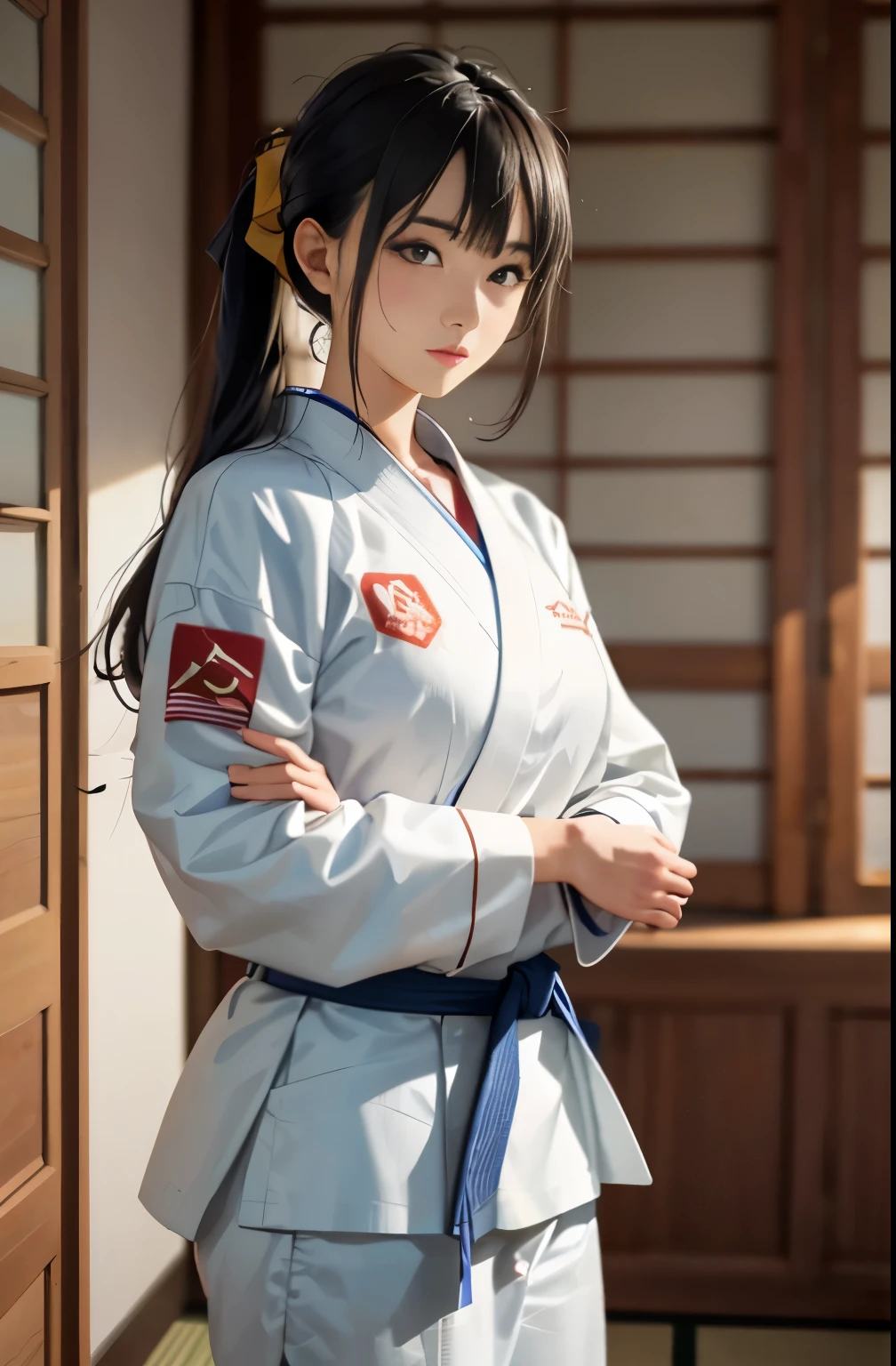 (8K、Raw photo、quality、、、、、、muste piece:1.2)、(genuine、photoreal:1.37)、Japanese female judoka、white judo uniform、cowboy composition、Front view、dark tatami room、Majestic、cowboy shot、Be intimidating、dignified atmosphere、Slightly stiff figure、My neck was stiff.、Hair tied in a dumpling、Sitting upright