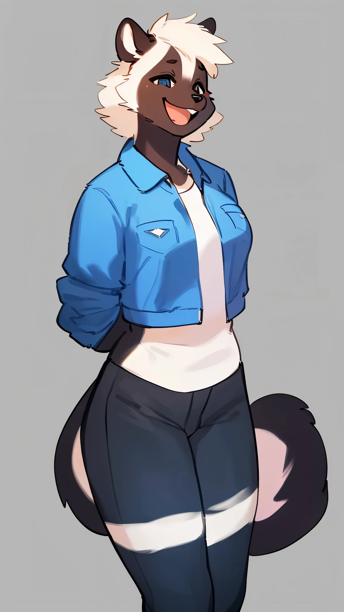 By bebebebebe, by lostgoose, by goonie-san, solo, female, skunk, happy, smiling, open mouth, excited, hands behind back, denim jacket, white shirt, black yoga pants, tail, white fur, medium breasts