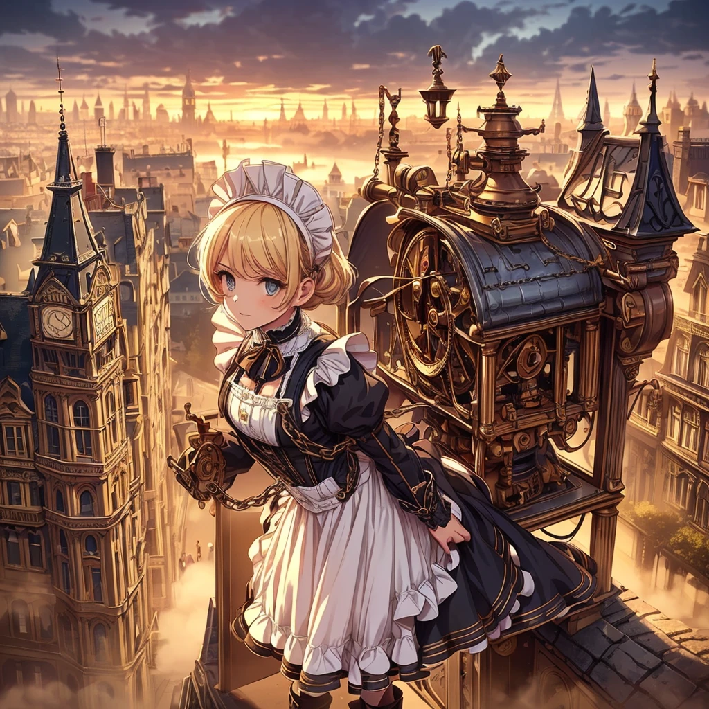 (masterpiece), best quality, expressive eyes, perfect face, ((perfect anatomy, best hands)), 1girl, (solo:1.5), a maid with a huge Winding Key at her back in steampunk style ((holding a machine)) standing on the top of stone_stairs, blond, gear,dial, boots, (white_apron:1.3),(maid headdress:1.3), black_dress,steampunk, gloves, belt puch, boots, suspenders, chain), (outdoors:1.5),London,street,(Victorian_era:1.5),(fog:1.5,steam:1),orange_sky,city view,(from_above:1.1),VictorianPunkAI