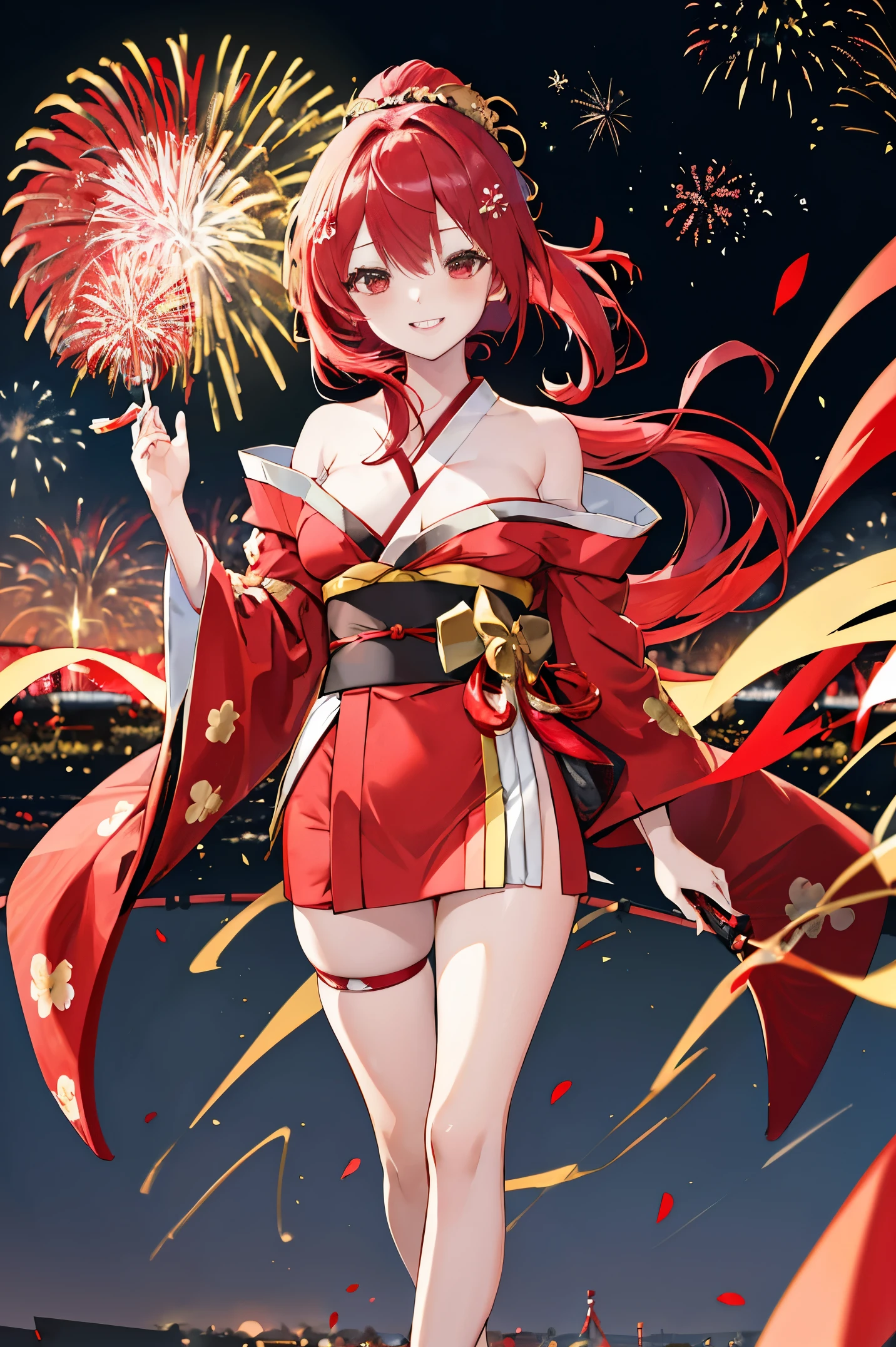 "anime girl, 1 person, red hair, shoulder length hair, dark red eyes, wearing flower hairpin, female kimono, red kimono with gold border pattern, big breasts, long stockings, blushing smile, standing still cross-legged, solo, view from different angles, festival, New Year's Eve fireworks, fireworks viewing, night (full HD 4K+ image)"