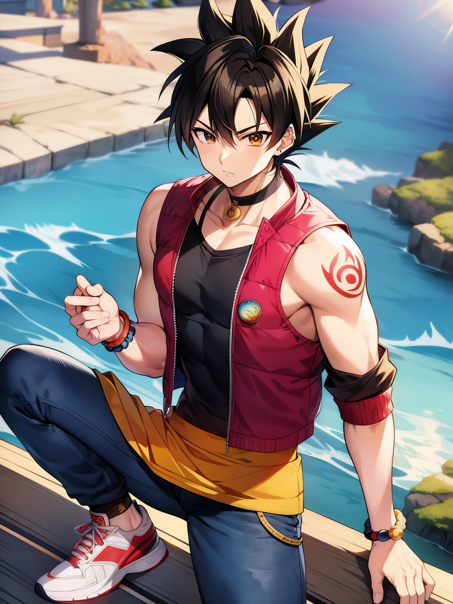 Son Goku from Dragon Ball、Great Hahion graffiti clothes、trendy clothes、Tide Brand、Black and black jacket、vest、denim pants、Lunette de Soleil、bracelet、ear studs、ornaments、athletic sneakers、with tattoo、choker necklace、super high quality、highest quality、masterpiece、ultra high resolution、Incandescent Super Saiyan、secondary elements、鸟山明风格、1990s、comics、