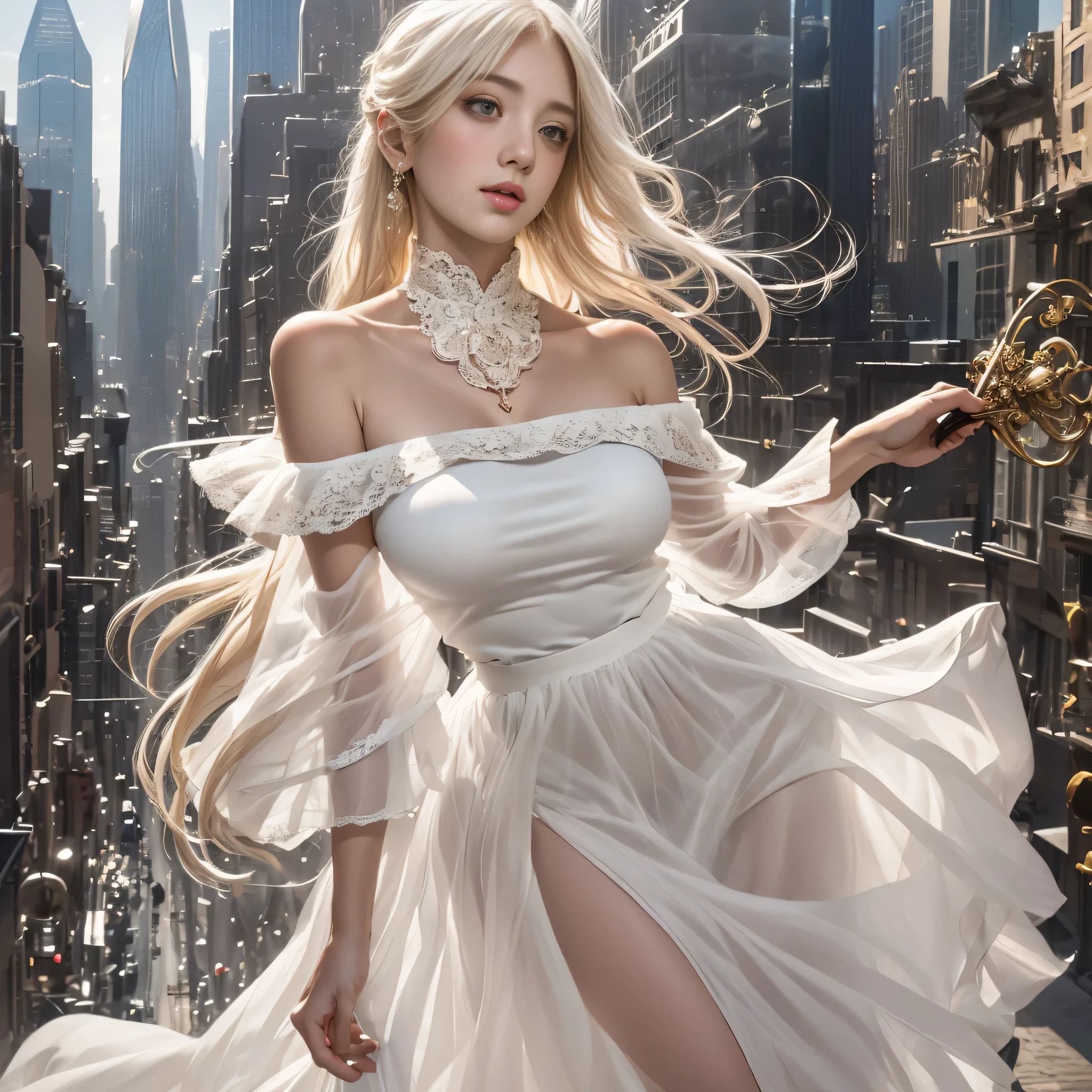 ((girl standing on the street in new york)),bright look、young shiny glossy white shiny skin、Best Look Rondo Reflective Light、Platinum blonde hair with dazzling highlights、shiny bright hair,、super long straight hair、Shining beautiful bangs、輝くクリスタルクリアな魅力的な大きな青いeye、she a very beautiful and nice girl、(Medium chest,),美しく細かいeye, beautifully detailed nose,(( whole body angle:1.5)),eyeが強調するメイク、royal style,comic style, , scattered below the surface, gorgeous details, nature background, super huge breasts, ((cinematic)), dramatic lighting, table top、((Off-the-shoulder sheer white long dress:1.4))、((skirt fluttering in the wind)),((lift the skirt)),((Holding the skirt with both hands)), (high heels)、((White lace panties are visible)),1 girl、Ultra-realistic 8k CG, 絵のようにperfectionな顔, perfection, clean, table top, professional artwork, famous works, perfectionな顔, beautiful face, beautiful lawless female body)), alone,(Immersive atmosphere, chiaroscuro:1.5,bright light:1.2,bright lighting),(blush:0.5),fascinating look,very detailed_eye,thick thighs,big,Beautiful and detailed background,written boundary depth,realistic:1.3, (low angle di, ambient light:1.3),(cinematic composition:1.3(nffsw:0.1),((Hazy skyscrapers))