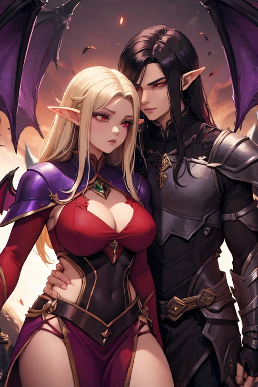 a female adult elf with weavy darkblonde hair visible forehead and demon wings wearing purple armor next to a male masculine elf with long dark black hair and red eyes wearing red armor, dark atmosphere, couple
