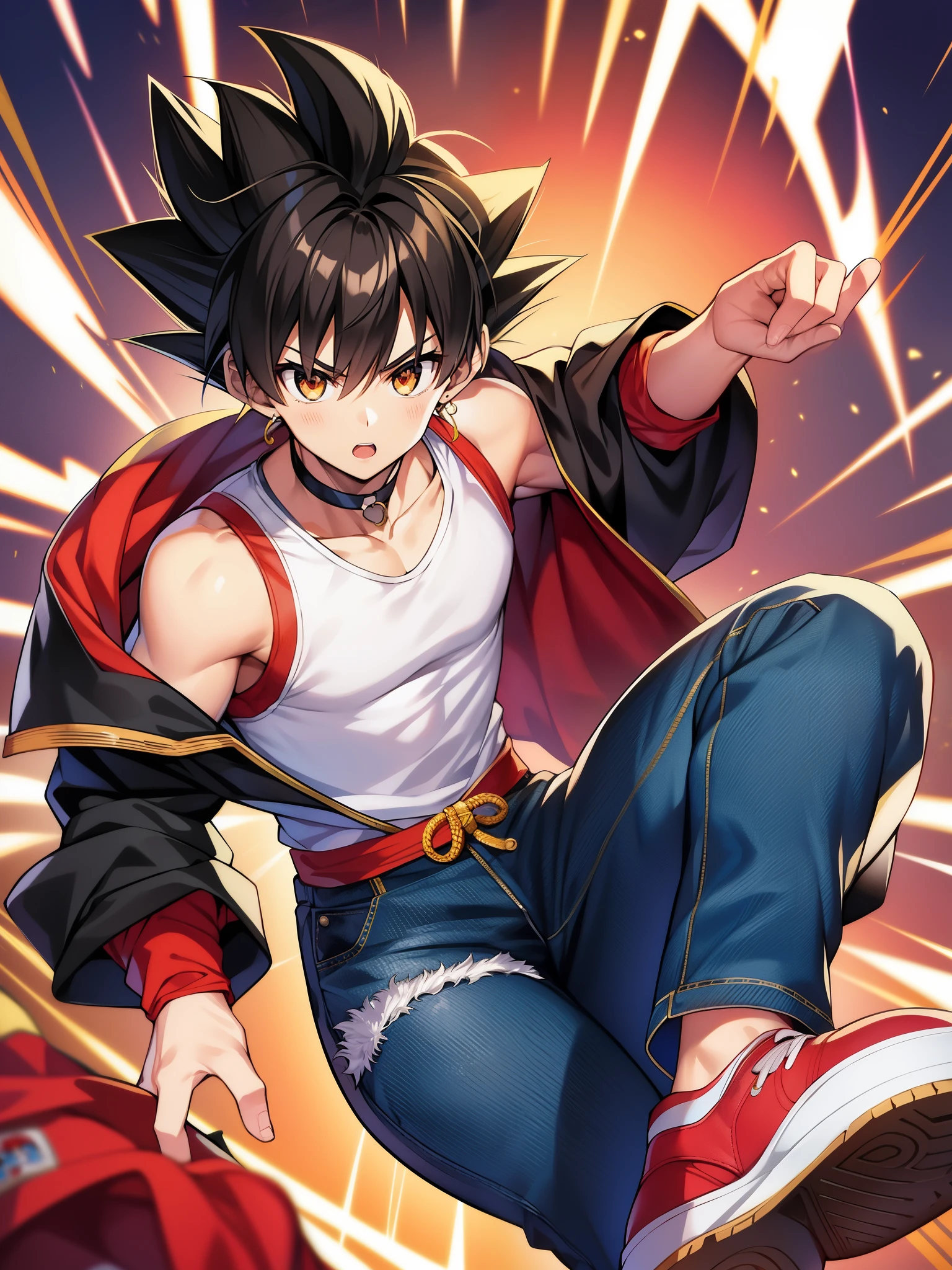 Son Goku from Dragon Ball、Great Hahion graffiti clothes、trendy clothes、Tide Brand、Black and black jacket、vest、denim pants、Lunette de Soleil、bracelet、ear studs、ornaments、athletic sneakers、with tattoo、choker necklace、super high quality、highest quality、masterpiece、ultra high resolution、Incandescent Super Saiyan、secondary elements、鸟山明风格、1990s、comics、