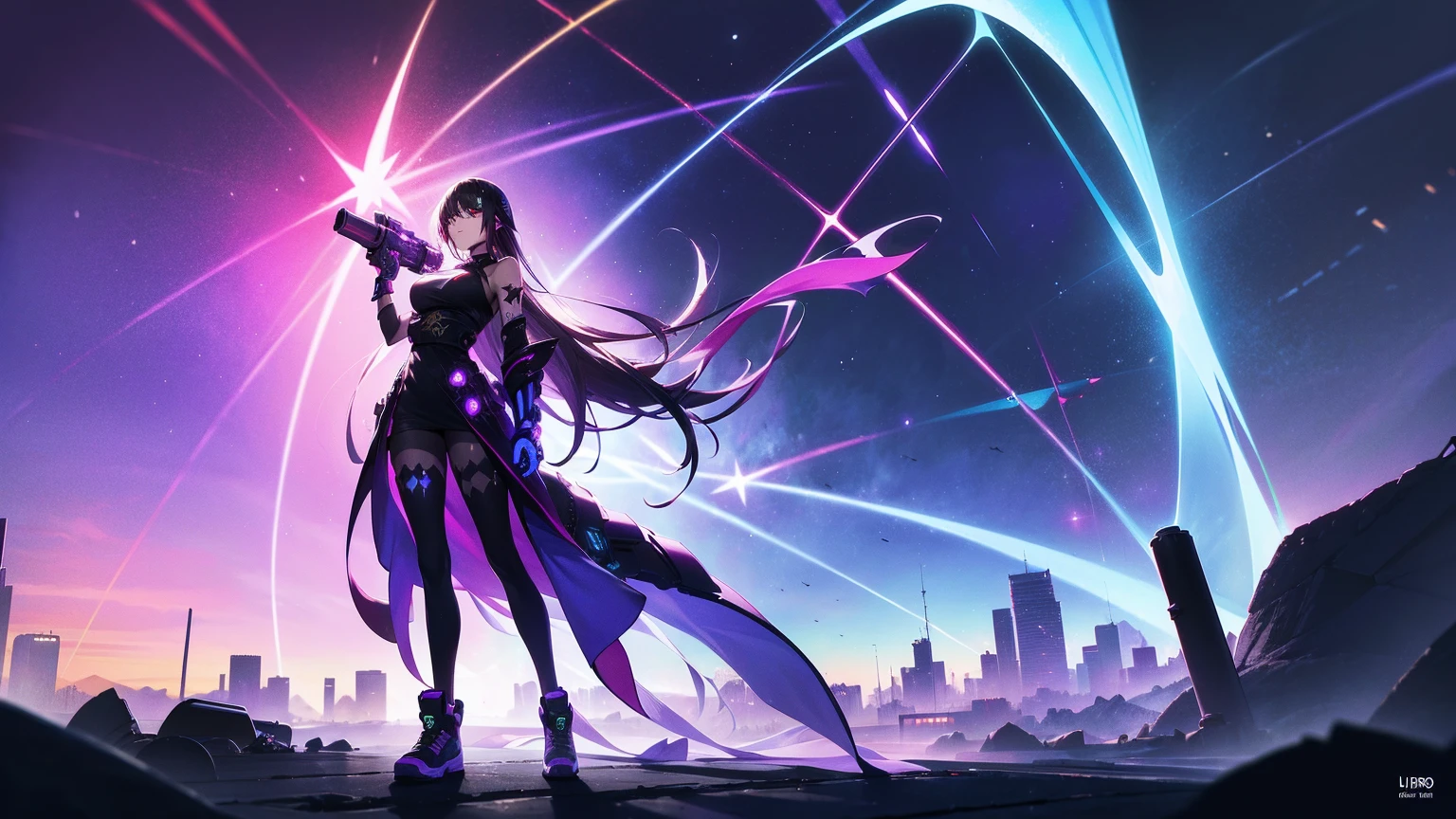 A Full Body Shot Of An Anime Manga Gypsy Woman, Dark Hair, ((Star Tattoos On Her Body)), Holding A Really Big Military Rocket Cannon On Her Shoulder. She Is Wearing Cyberpunk Summer Clothing And Futuristic Sneakers, Beautiful Rainbow Glowing Radiant Cybernetic Energy With Vivid Bioluminescent Colors, Vibrant Lighting, A Neo-Tokyo-Style City, (It's A Fantastically Detailed Masterpiece), (Highest Artistic Quality).