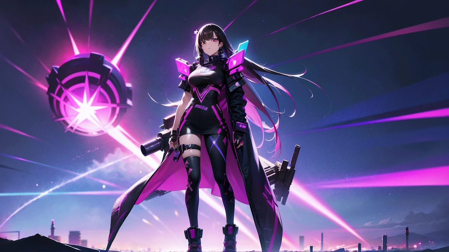 A Full Body Shot Of An Anime Manga Gypsy Woman, Dark Hair, ((Star Tattoos On Her Body)), Holding A Really Big Military Rocket Cannon On Her Shoulder. She Is Wearing Cyberpunk Summer Clothing And Futuristic Sneakers, Beautiful Rainbow Glowing Radiant Cybernetic Energy With Vivid Bioluminescent Colors, Vibrant Lighting, A Neo-Tokyo-Style City, (It's A Fantastically Detailed Masterpiece), (Highest Artistic Quality).