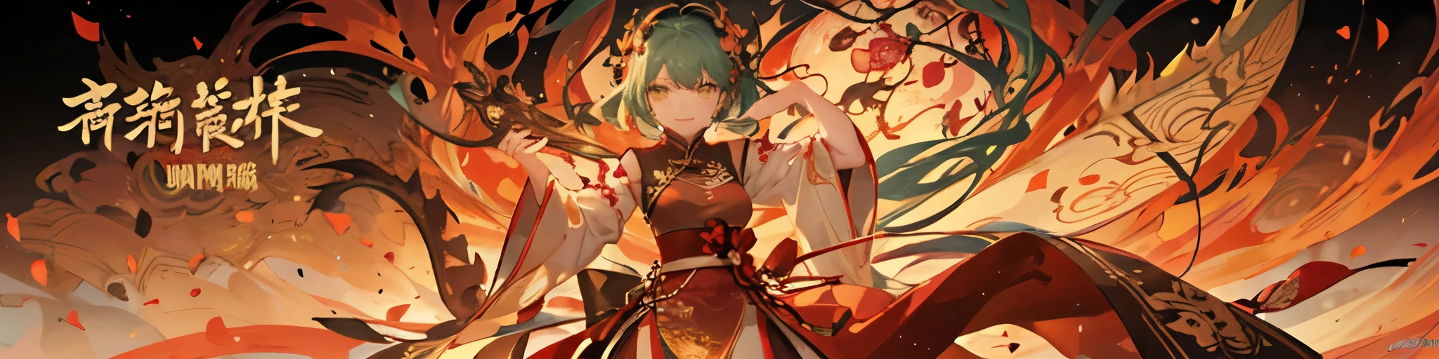 1girl, chibi, (green hair), yellow eyes, detailed beautiful face and glowing eyes, happy, happy face,
(new year), (chinese dragon), red background,dress,chinese clothes,red dress,china dress,
8k, ultra detail, very complicated background, swaying hair