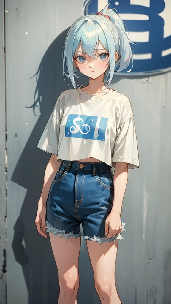 a woman wearing a white shirt and a denim skirt with a blue wave on it, intriguing outfit, kawaii shirt and jeans, anime vibes, cute casual streetwear, grunge aesthetic, casual clothing style, style anime, 90's aesthetic, with ripped crop t - shirt, 9 0 s anime aesthetic, wearing a shirt and a jean, style of kanagawa, anime aesthetic