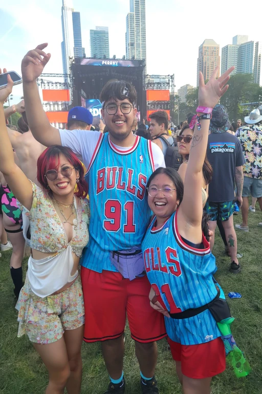 araffes and a couple of people are posing for a picture, wearing nba jersey, live at lollapalooza, music festival, edm fans, wearing basketball jersey, the atmosphere  cheerful, festival vibes, photograph of three ravers, having a great time, wearing a volleyball jersey, half man half asian black bull, full costume, wearing authentic attire, jen bartel, Big tits, huge tits, no clothes, sexy, cute, wide hips, thick thighs, pear-shaped body, minimal clothes, thick, bbw, chubby stomach, thick nipples, nipple piercings, large areola, hard nipples, piercing through shirt, nipples hard through shirt, chubby stomach showing, tummy spilling over the side, muffin top, panties only, no pants, pants off, stomach too big for panties