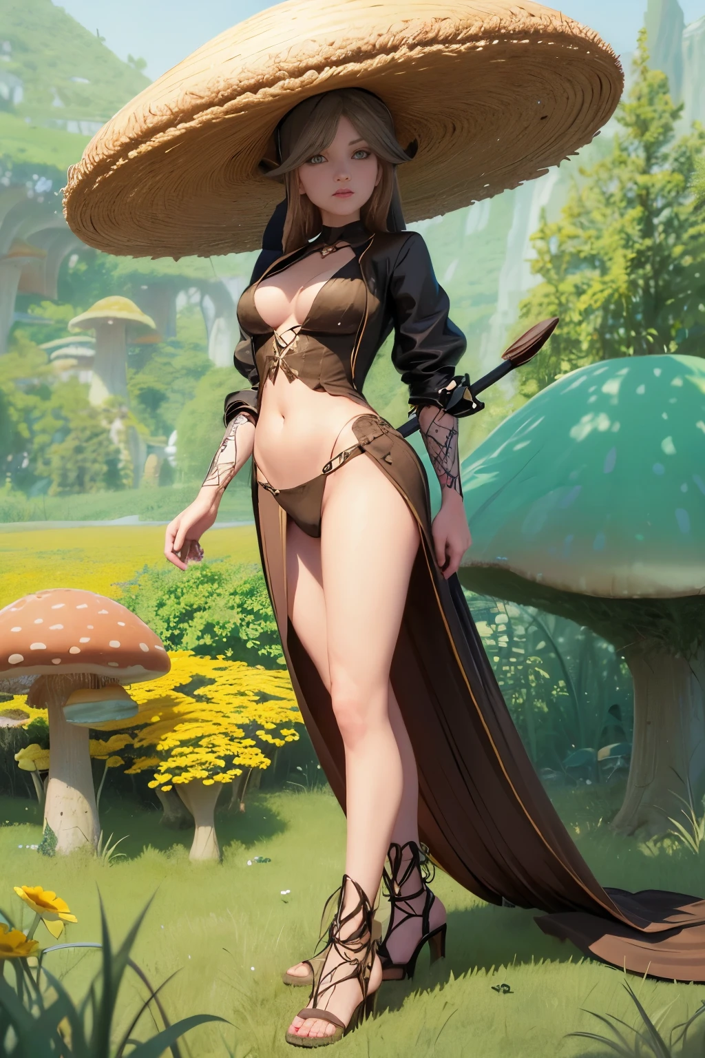 here a woman with a hat on standing in a field of mushrooms, peter mohrbacher. unreal engine, peter mohrbacher style, mohrbacher, style of peter mohrbacher, wlop and krenz cushart, in style of peter mohrbacher, in the art style of mohrbacher, peter mohrbacher artstyle