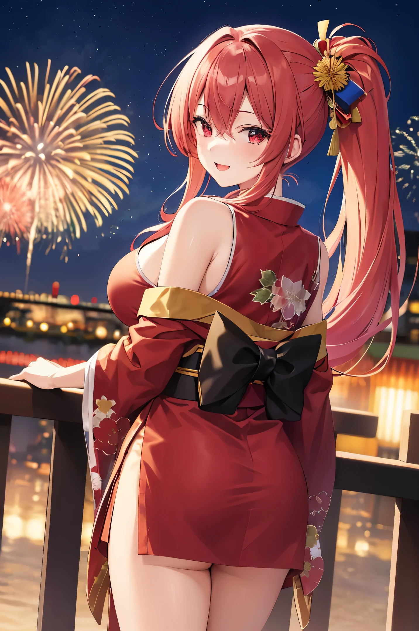 "anime girl, 1 person, red hair, shoulder length hair, dark red eyes, wearing flower hairpin, female kimono, red kimono with gold border pattern, big breasts, long stockings, blushing smile, standing still cross-legged, solo, view from different angles, festival, New Year's Eve fireworks, fireworks viewing, night (full HD 4K+ image)"