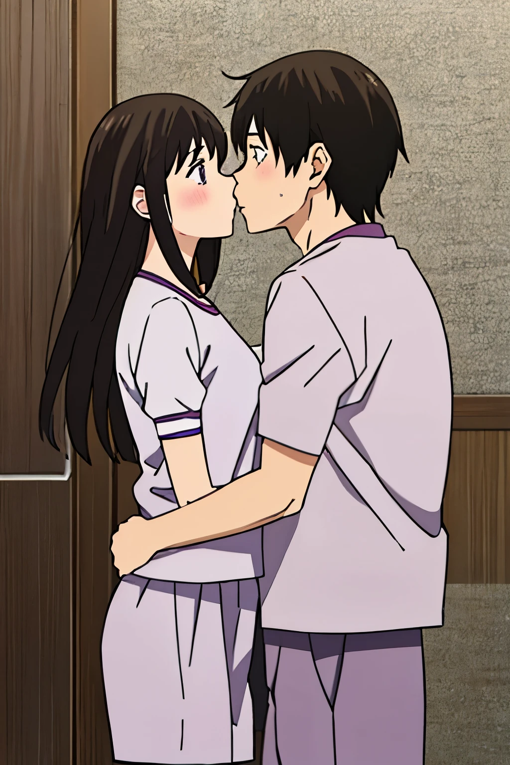 1boy, buzzcut, 1girl, bangs, black hair, blush, medium breast, gym short sleeve white shirt, gym shorts, face to face, boy hold girl shoulder ,cute, couple, adorable, forced kiss, purple eyes, cowboyshot, upper body,