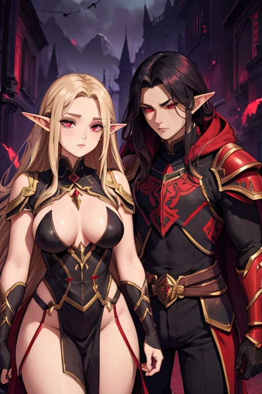 a female adult elf with weavy darkblonde hair visible forehead and demon wings wearing purple armor next to a male masculine elf with long dark black hair and red eyes wearing red armor, dark atmosphere, couple
