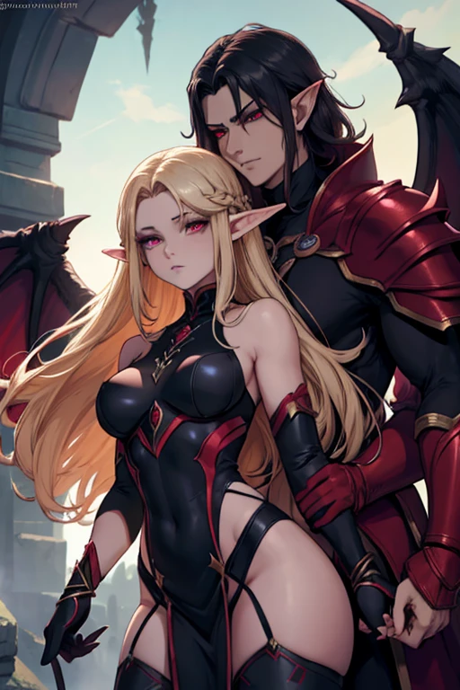 a female adult elf with weavy darkblonde hair visible forehead and demon wings wearing purple armor next to a male masculine  elf with long dark black hair and red eyes wearing red armor, dark atmosphere, couple