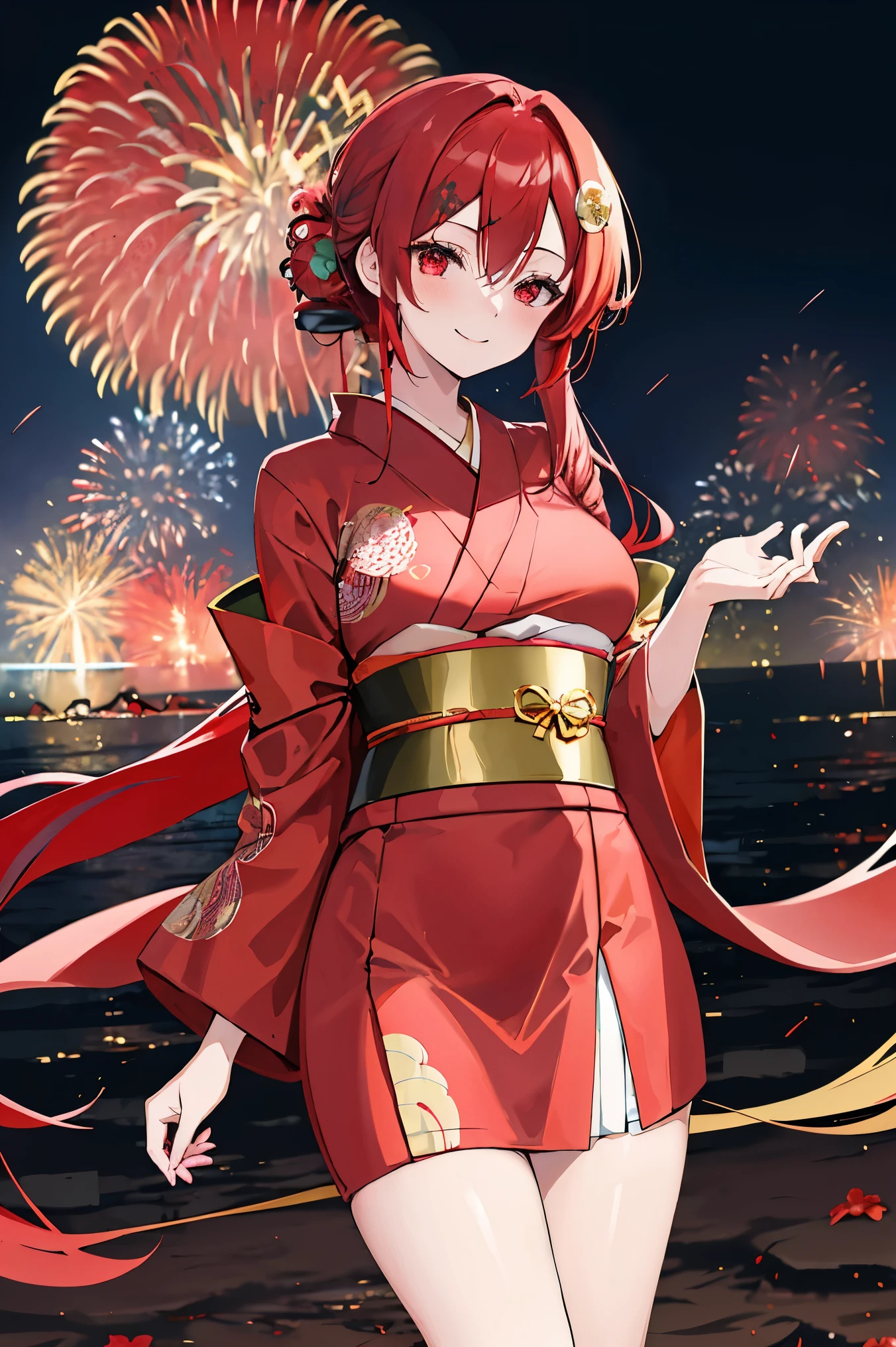 "anime girl, 1 person, red hair, shoulder length hair, dark red eyes, wearing flower hairpin, female kimono, red kimono with gold border pattern, big breasts, long stockings, blushing smile, standing still  cross-legged, solo, view from different angles, festival, New Year's Eve fireworks, fireworks viewing, night (full HD 4K+ image)"