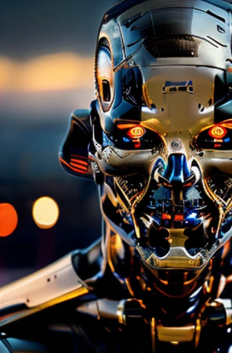 (best quality,16k,ultra-detailed,highres,masterpiece:1.2),close-up of a half-cyborg with complex details,dark matte black and orange colors,sky,midday,photo, bright blue eyes