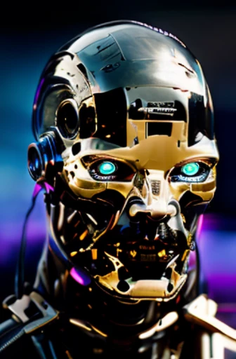 (best quality,16k,ultra-detailed,highres,masterpiece:1.2),close-up of a half-cyborg with complex details,dark matte black and orange colors,sky,midday,photo, bright blue eyes
