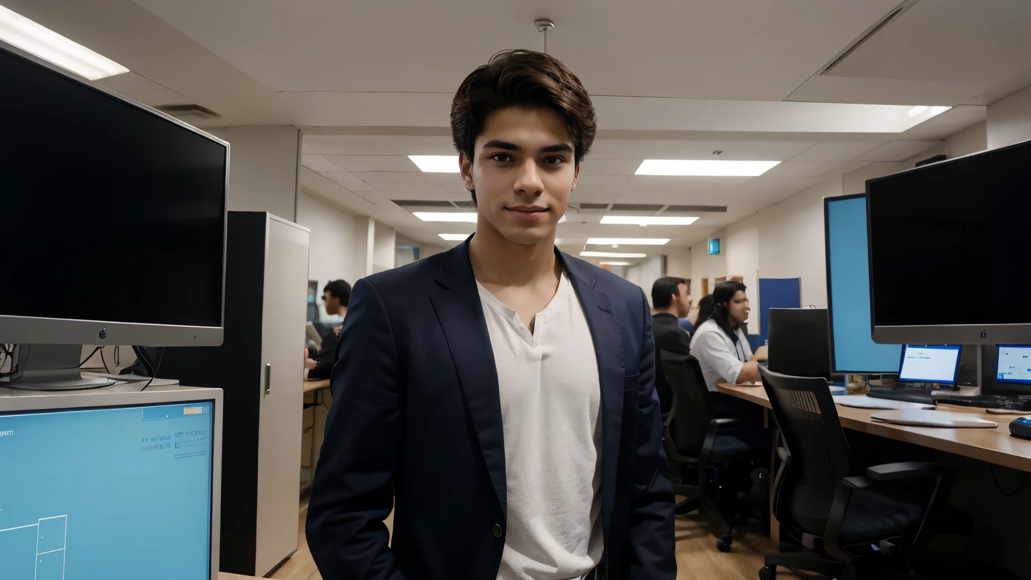 cisco packet tracer , network , networking , hacker , handsome , young man , 18 years old ,switch , router around him , company manager , look at the camera ,confident , Egyptian hair