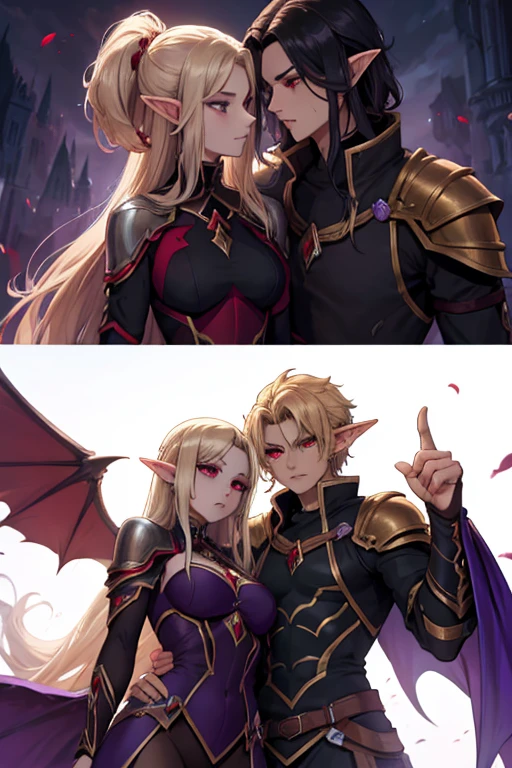 a female adult elf with weavy darkblonde hair visible forehead and demon wings wearing purple armor next to a male masculine elf with long dark black hair and red eyes wearing red armor, dark atmosphere, couple