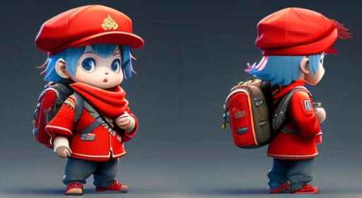 three-view drawing enerate Three View, i.e. front view, side and back view, Wearing a red army hat、Cute image carrying a heavy backpack, holding a red banner, Bubble Mart, plain background, Three View, Horizontal composition, no dividing line, People's Liberation Army clothing, Liberation shoes, IP image, Bubble Mart, Unreal Engine 5, Very rich in character details, blind box, Lovely 3D rendering, stylized anime, 3D rendering stylization, 3D rendered character art 8 K, Ultra-detailed rendering, cute characters, Gouves style artwork, Lovely and detailed digital art, stylized 3d rendering red scarf Bubble Mart blind box style