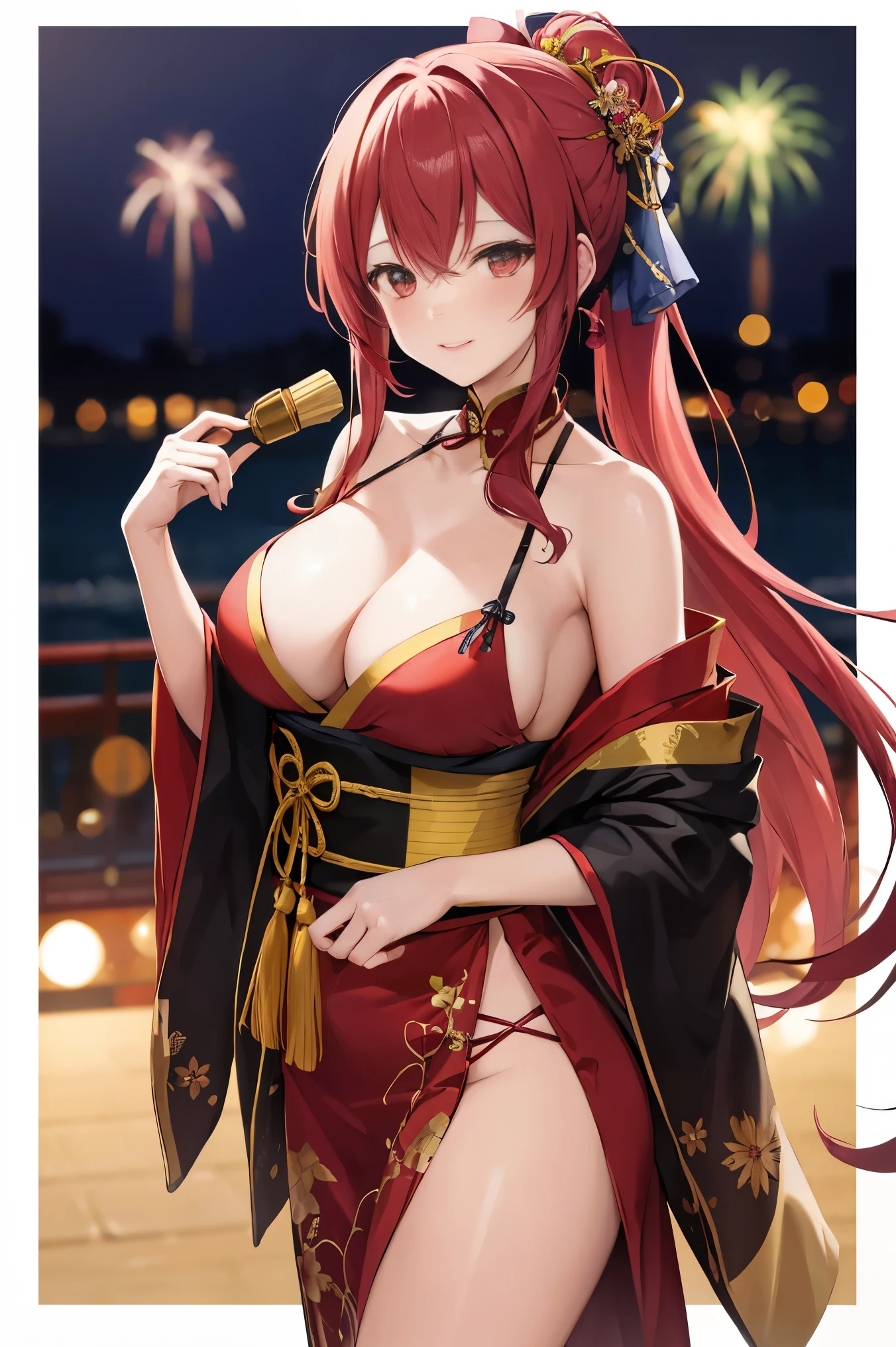 "anime girl, 1 person, red hair, shoulder length hair, dark red eyes, wearing flower hairpin, female kimono, red kimono with gold border pattern, big breasts, long stockings, blushing smile, standing still  cross-legged, solo, view from different angles, festival, New Year's Eve fireworks, fireworks viewing, night (full HD 4K+ image)"