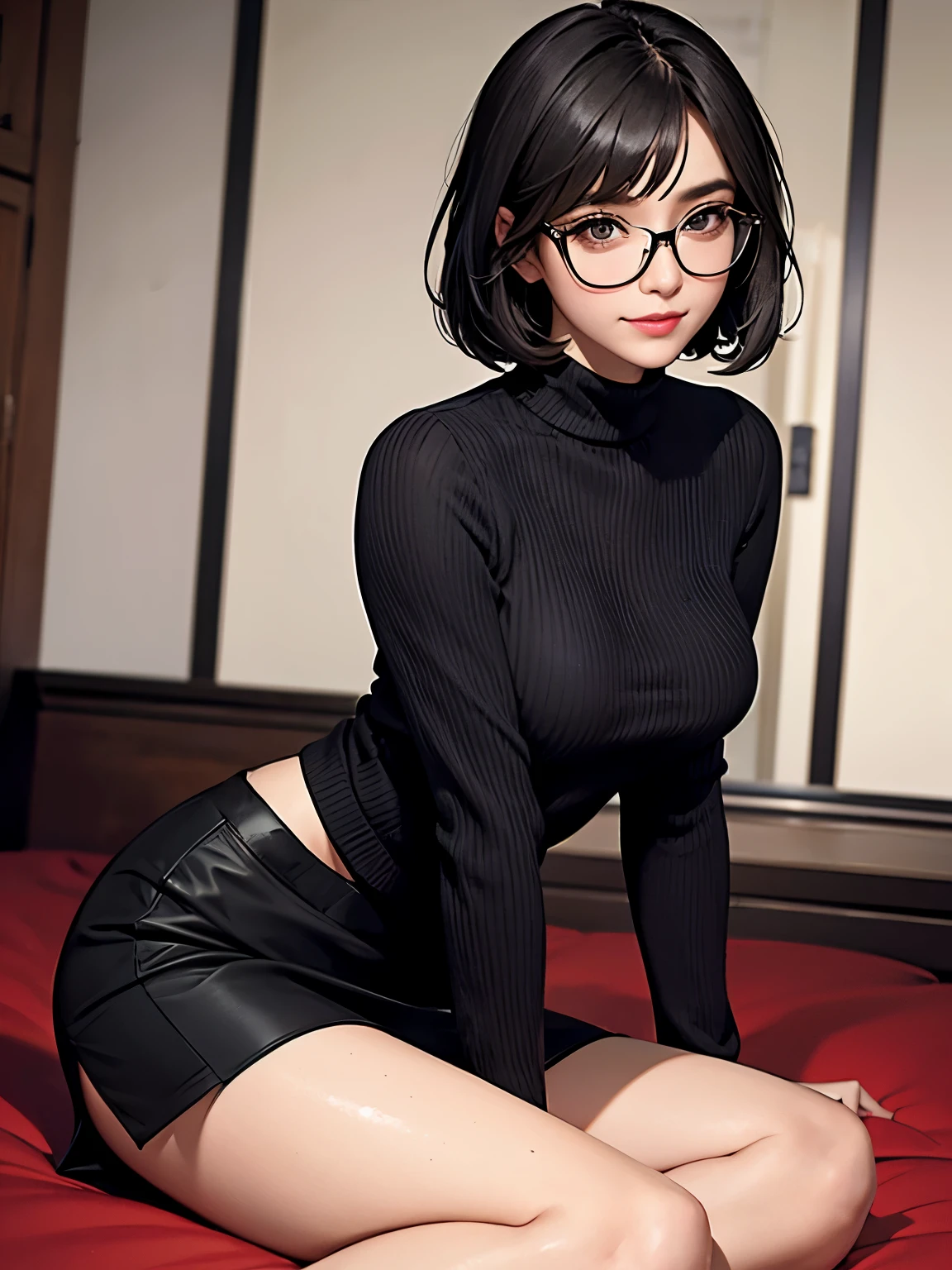 black short bob, medium breast, brown eyes, adult lady, black tight sweater, black tight skirt,black glasses, add detail, masterpiece, sitting on the bed,seductive smile, shiny skin, shiny body, 1girl