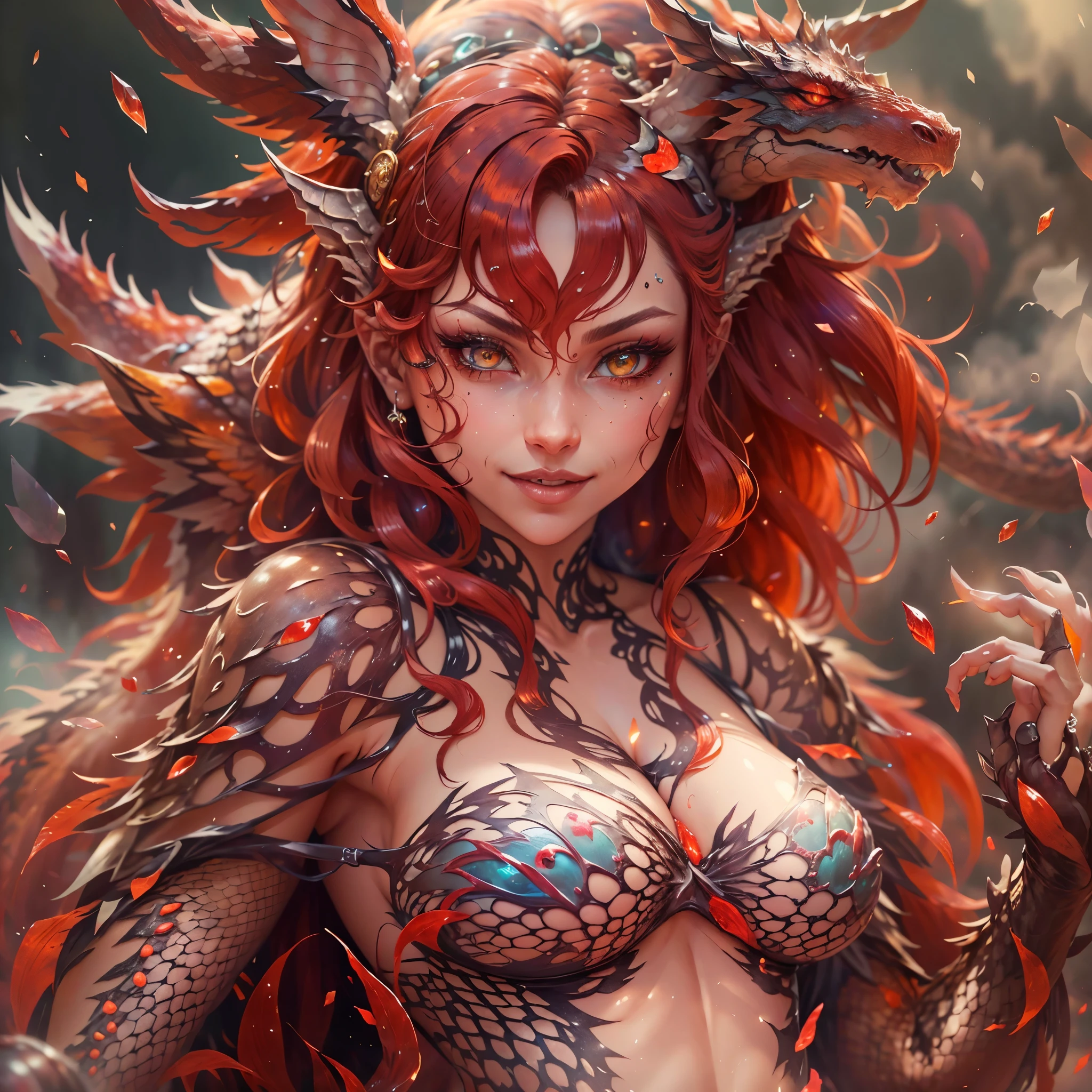(best quality,4k,8k,highres,masterpiece:1.2), ultra-detailed, realistic, naked sexy dragon woman with red glittering scales, long fiery red hair, very playful but mischievous smile, huge tits, gigantic breasts, naked, nude, detailed crotch, detailed vulva, detailed pussy, sexy pose, spread legs, spread pussy lips, playful, bi-coloured eyes, heterochromia, lustful