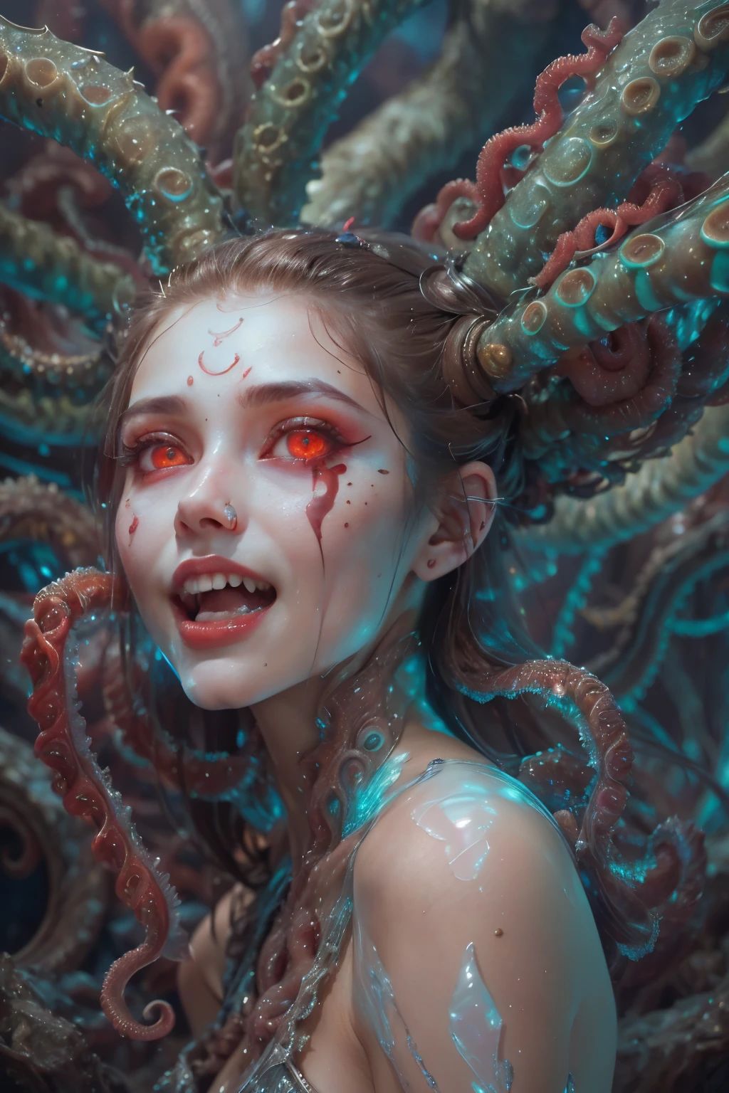 scary and sexy detailed art in color, Portrait, (beautiful and obscene female alien:1.4), (vulgarity1.5), (she has glowing red eyes with no pupils:1.8), (Translucent skin:1.7), ((There is a female genital-like organ in the middle of the forehead:1.9)), (The most beautiful face in the history of the universe:1.2),an evil gaze that seduces, (large mouth:1.1), (sharp teeth like a vampire:1.2), Full body portrait, (bio luminescent:1.5), (Smile wickedly:1.3), (sexypose:1.5), incredibly beautiful matured alien, (she has unparalleled beauty:1.5), No humans, cells are fused, (Lots of translucent tentacles:1.6) extraterrestrial, cell, bio image, best quality, 8K,In 4K_quality, High freshness, Dramatic Lighting, masterpiece:1.5, cinematic quality, detail up, (exquisite details:1.2), high resolution, High freshness, drawing faithfully, (Thick eyebrows:1.2), Beautiful eyes with fine symmetry, (Highly detailed face and eyes:1.2), (Super detailed skin quality feeling:1.1), perfect anatomy, (Beautiful toned body:1.5), (Moist skin:1.2), not wearing makeup, (dark circles:1.1), long canines, cinematic drawing of characters, ultra high quality model, cinematic quality, detail up, (exquisite details:1.2), high resolution, High freshness, drawing faithfully, official art, Unity 8K Wall , 8K Portrait, best quality, Very high resolution, ultra detailed artistic photography, midnight aura, unreal engine 5, Ultra Sharp Focus, art by Amano Yoshitaka, ArtGerm, Roisch, intricate artwork, best quality, masterpiece, ultra high resolution, (photos realistic:1.4), ultra realistic realism, dream-like, nautilus, Creation of fantasy, Snail, Dream Snail, (biopunk nautilus:1.3),Thrilling color schemes, ultra realistic realism, seductively smiling, (white tentacles with stripes:1.2), subtle emerald green accents, (expression of ecstasy:1.6) , in the dark, she has snake-like eyes