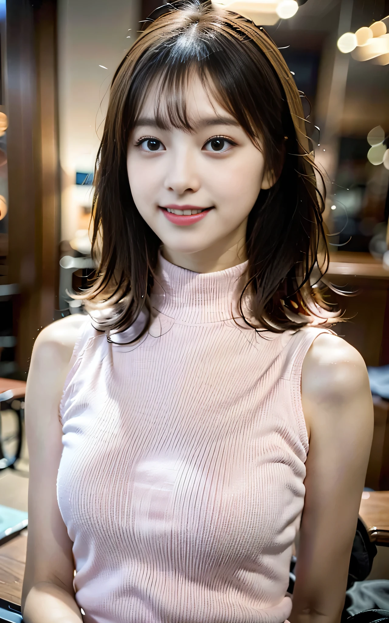 {{8K, wallpaper, with the best quality, Super detailed, masterpiece, realistic, realistic写真}}, {{Highly detailed cute girl::smile, ((18-year-old))}},, {{(sleeveless turtleneck:((pink))} , {short rush) , {round eyes, big breasts}, viewers watching, {{{cowboy shot}}} ,