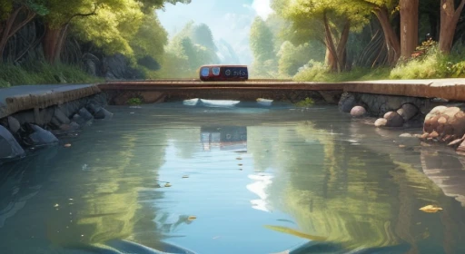 Cartoon train passing through body of water on tracks, 图像由Xin Haicheng提供, pixiv, concept art, Lofi Art style, reflection. Enhance details, perfect picture quality. author:Xin Haicheng, Lofi Art, beautiful anime scene, anime scenery, Detailed Landscape—Width 672, in Xin Haicheng的风格, Xin Haicheng的风格