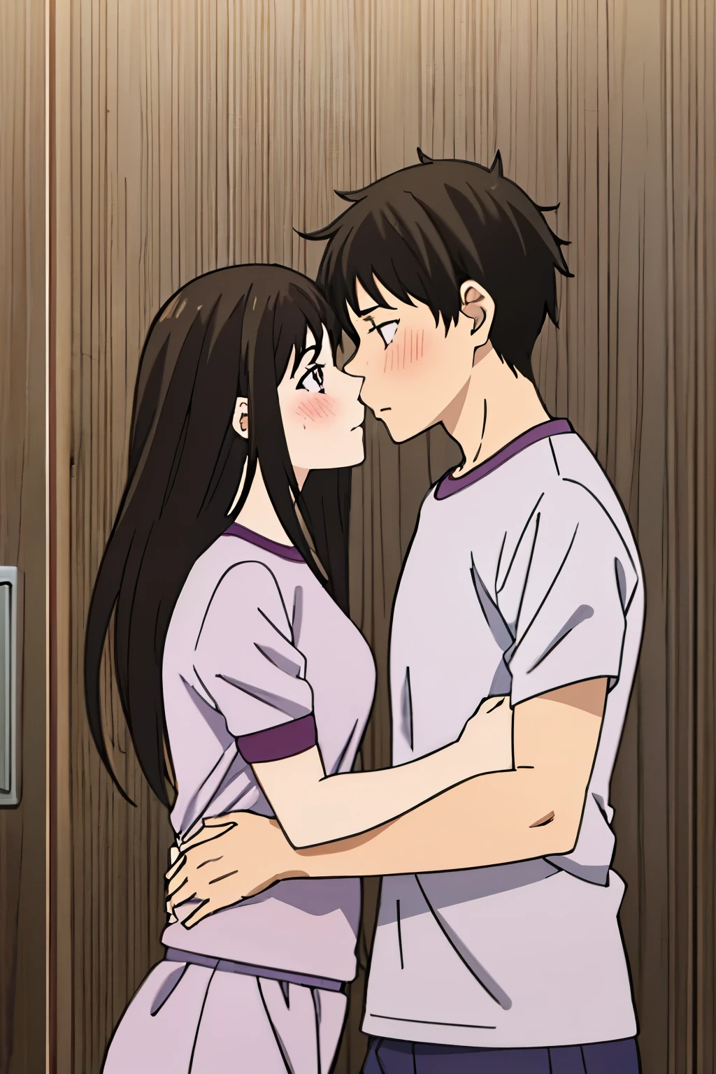 1boy, buzzcut, 1girl, bangs, black hair, blush, medium breast, gym short sleeve white shirt, gym shorts, face to face, boy hold girl's shoulder ,cute, couple, adorable, forced kiss, purple eyes, cowboyshot, upper body, boy hold girl's arms