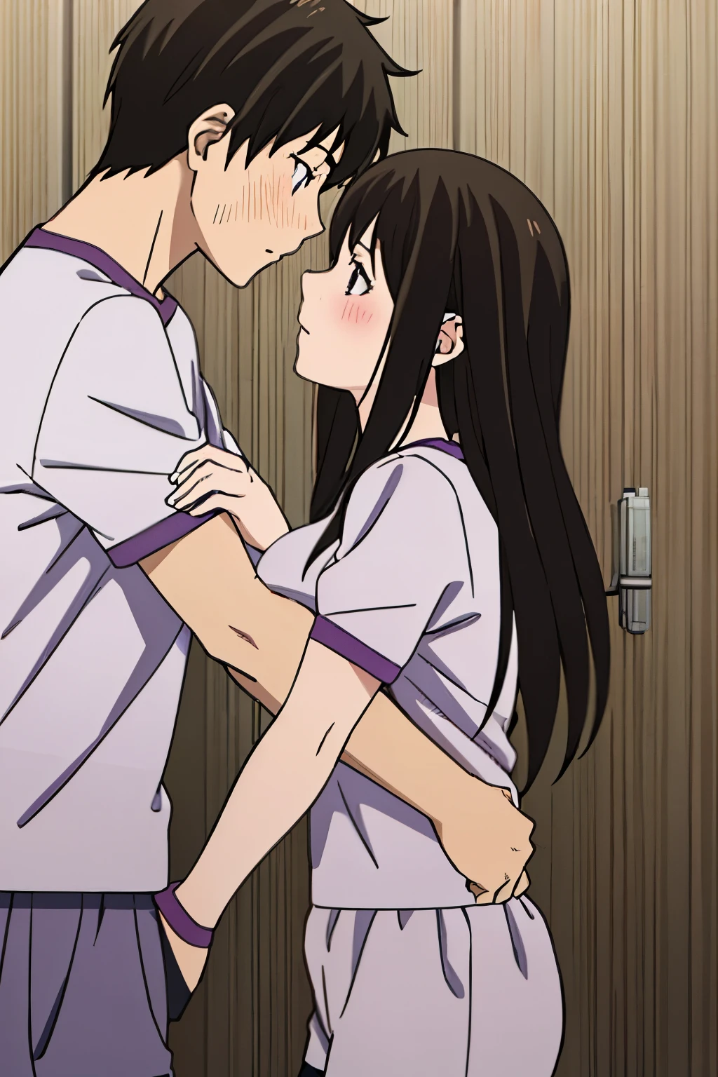 1boy, buzzcut, 1girl, bangs, black hair, blush, medium breast, gym short sleeve white shirt, gym shorts, face to face, boy hold girl's shoulder ,cute, couple, adorable, forced kiss, purple eyes, cowboyshot, upper body, boy hold girl's arms
