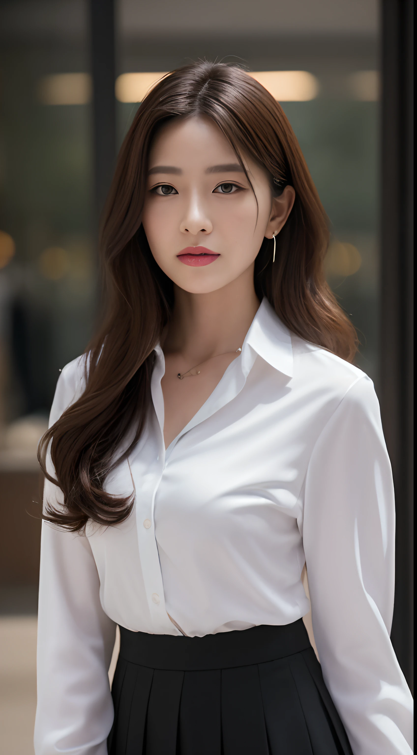 ((the night, 逼真光线, best qualtiy, 8K, tmasterpiece:1.3)), A tall and beautiful woman,Slender abs,Dark brown hair in loose wavy styling,nedium breasts,Wear a pendant,white button-down blouse,obi strip,a black skirt,(Modern architecture in background),Beautifully rendered details in face and skin textures,Detailed eyes,二重まぶた