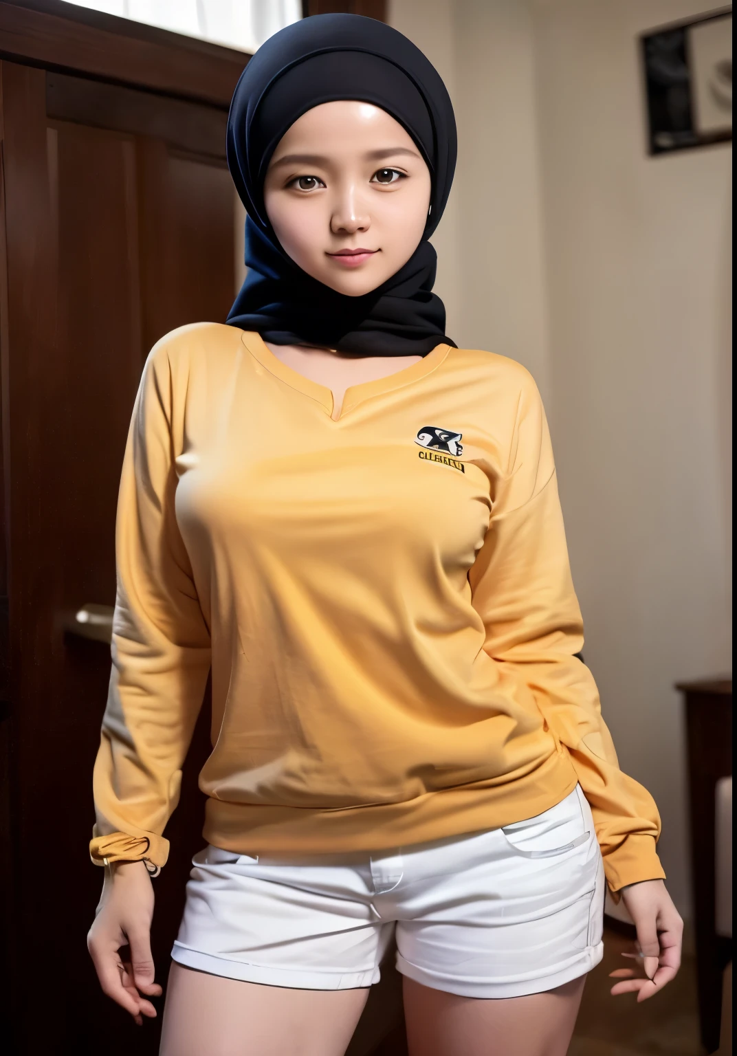arafed woman in a yellow shirt and white shorts posing for a picture, taken with canon eos 5 d, wearing wheat yellow gauze, taken with canon eos 5 d mark iv, taken with canon 8 0 d, casual clothing, hijab, taken with canon 5d mk4, mid shot portrait, taken with a canon eos 5 d