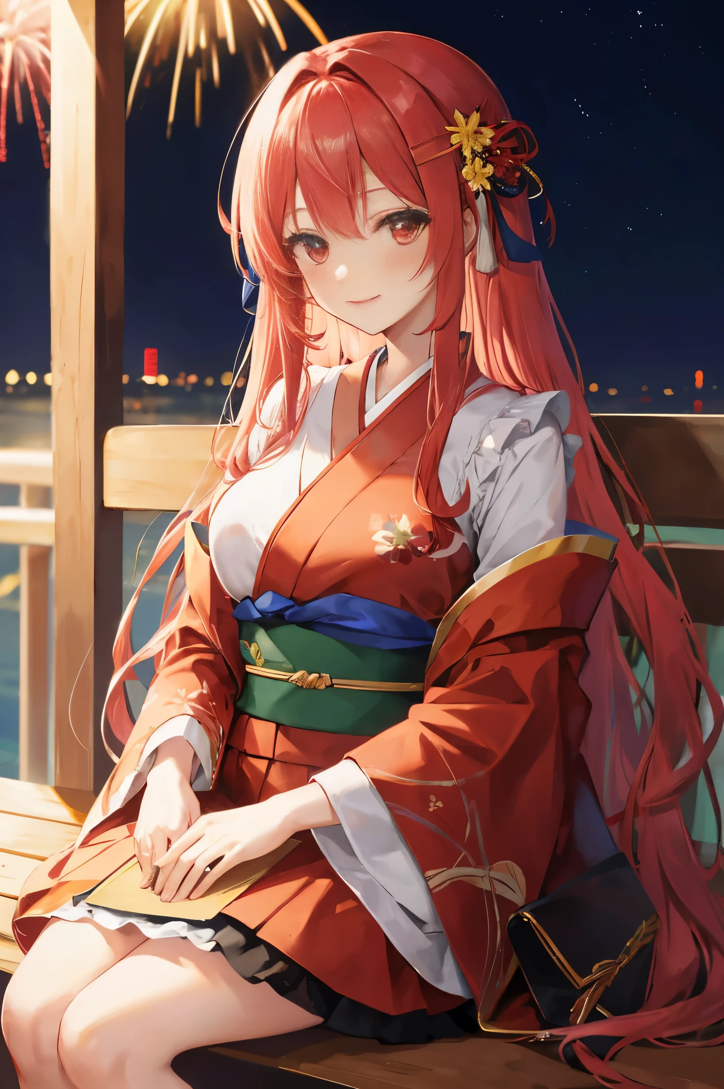 "anime girl, 1 person, red hair, shoulder length hair, dark red eyes, wearing flower hairpin, female kimono, red kimono with gold border pattern, big breasts, long stockings, blushing smile, standing still cross-legged, solo, view from different angles, festival, New Year's Eve fireworks, fireworks viewing, night (full HD 4K+ image)"